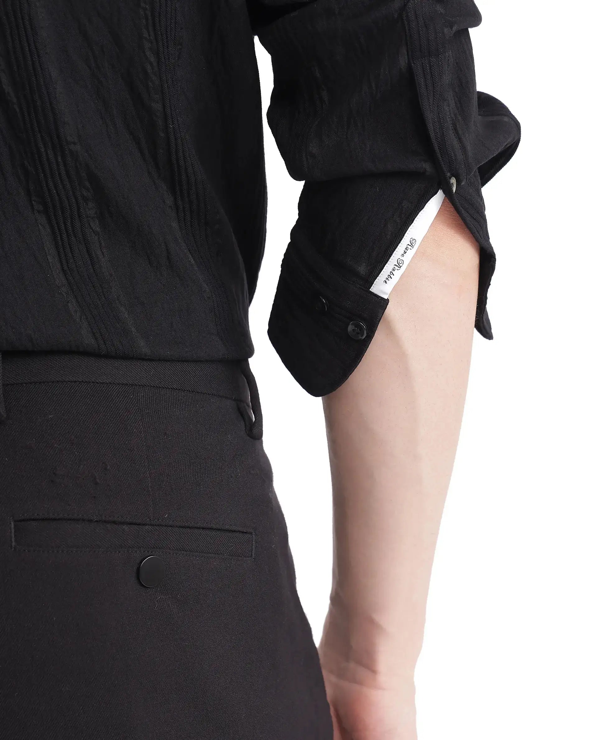 Rare Rabbit Men's Benon Black Viscose Blend Striped Print Regular Fit Full Sleeve Collared Shirt