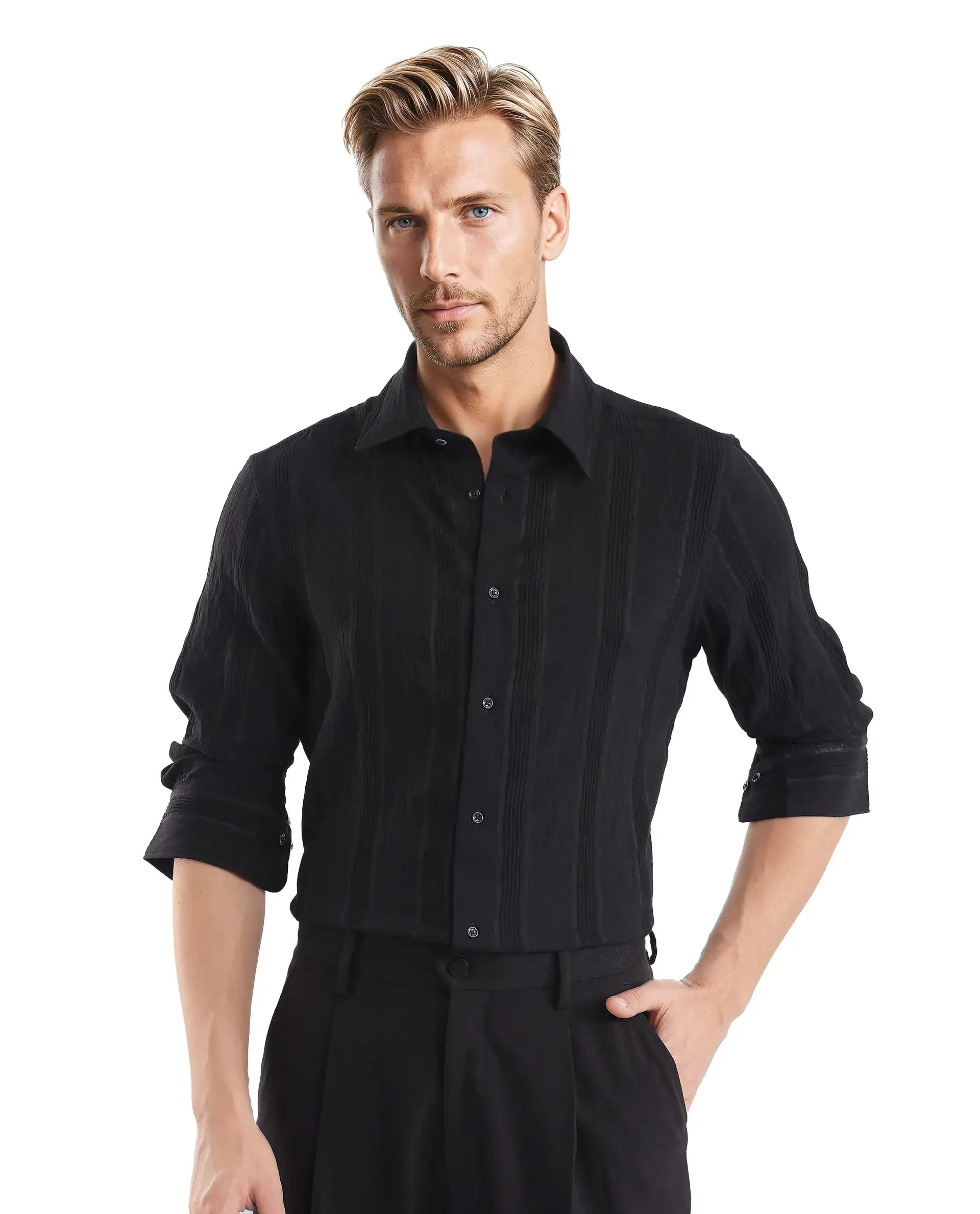 Rare Rabbit Men's Benon Black Viscose Blend Striped Print Regular Fit Full Sleeve Collared Shirt