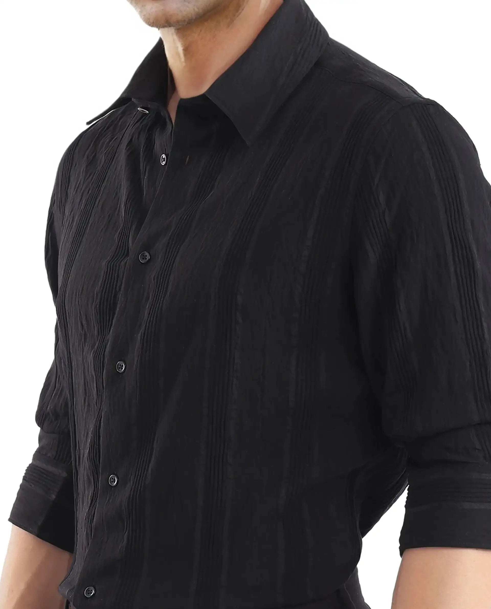 Rare Rabbit Men's Benon Black Viscose Blend Striped Print Regular Fit Full Sleeve Collared Shirt