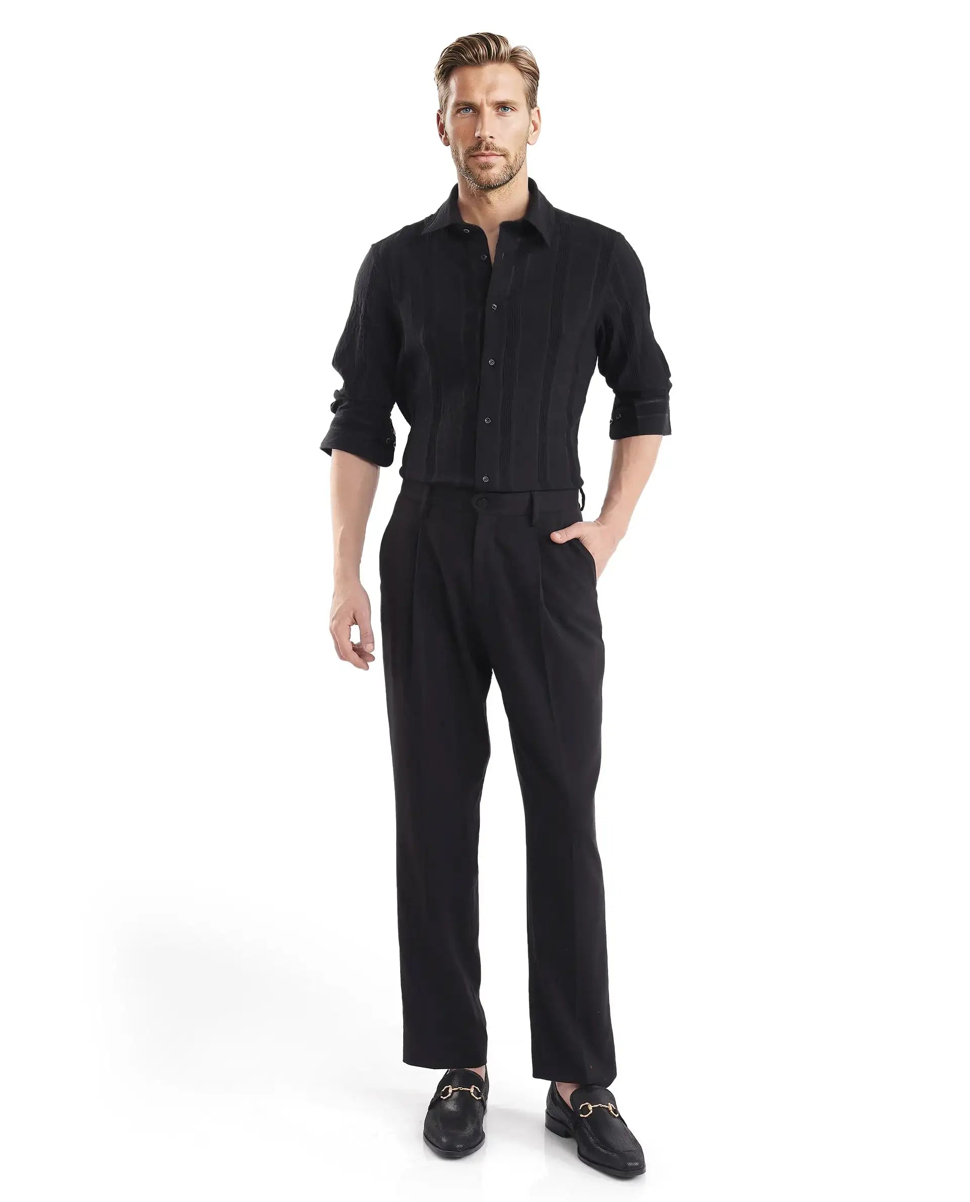 Rare Rabbit Men's Benon Black Viscose Blend Striped Print Regular Fit Full Sleeve Collared Shirt