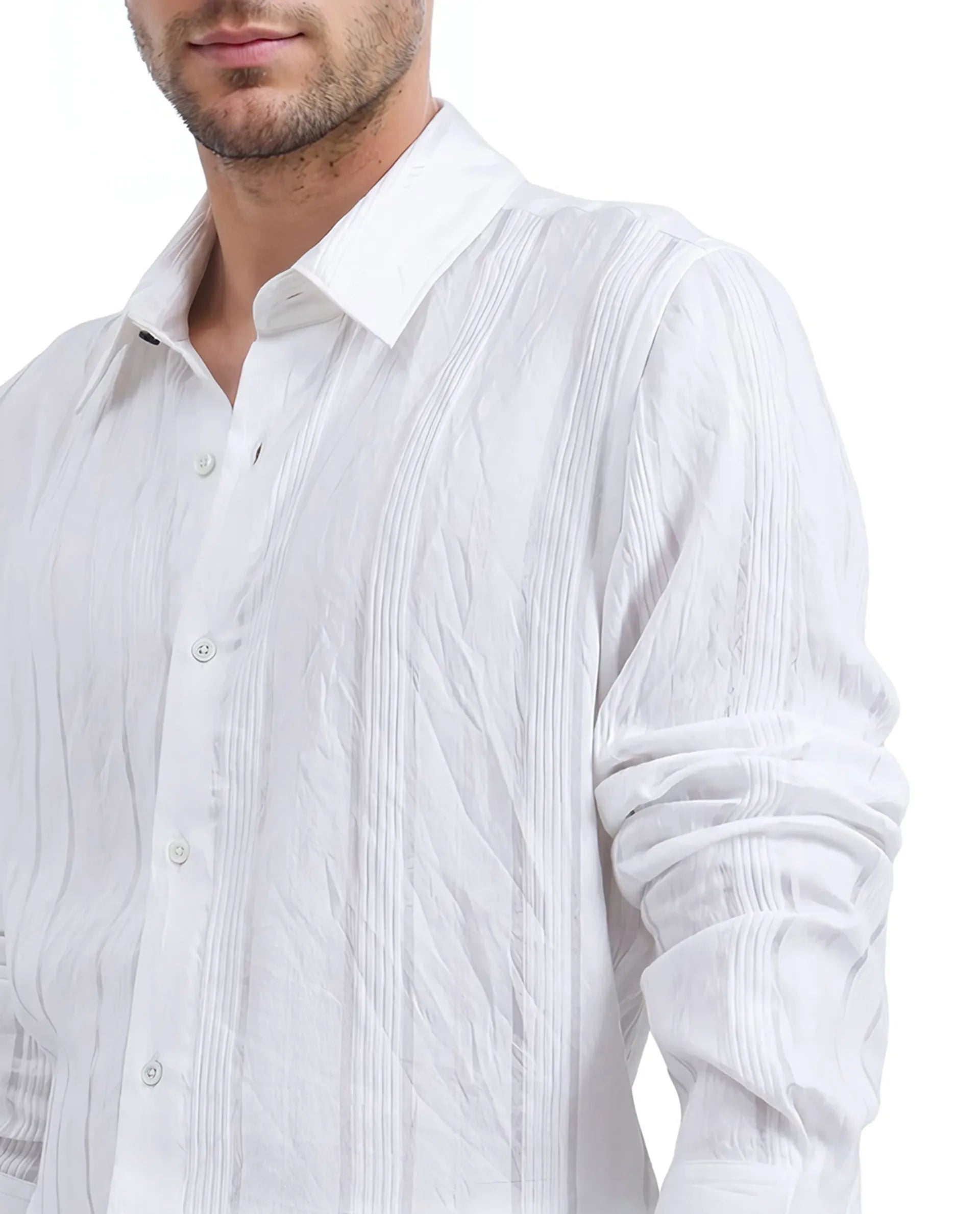 Rare Rabbit Men Benon White Viscose Nylon Fabric Full Sleeves Regular Fit Textured Stripe Shirt