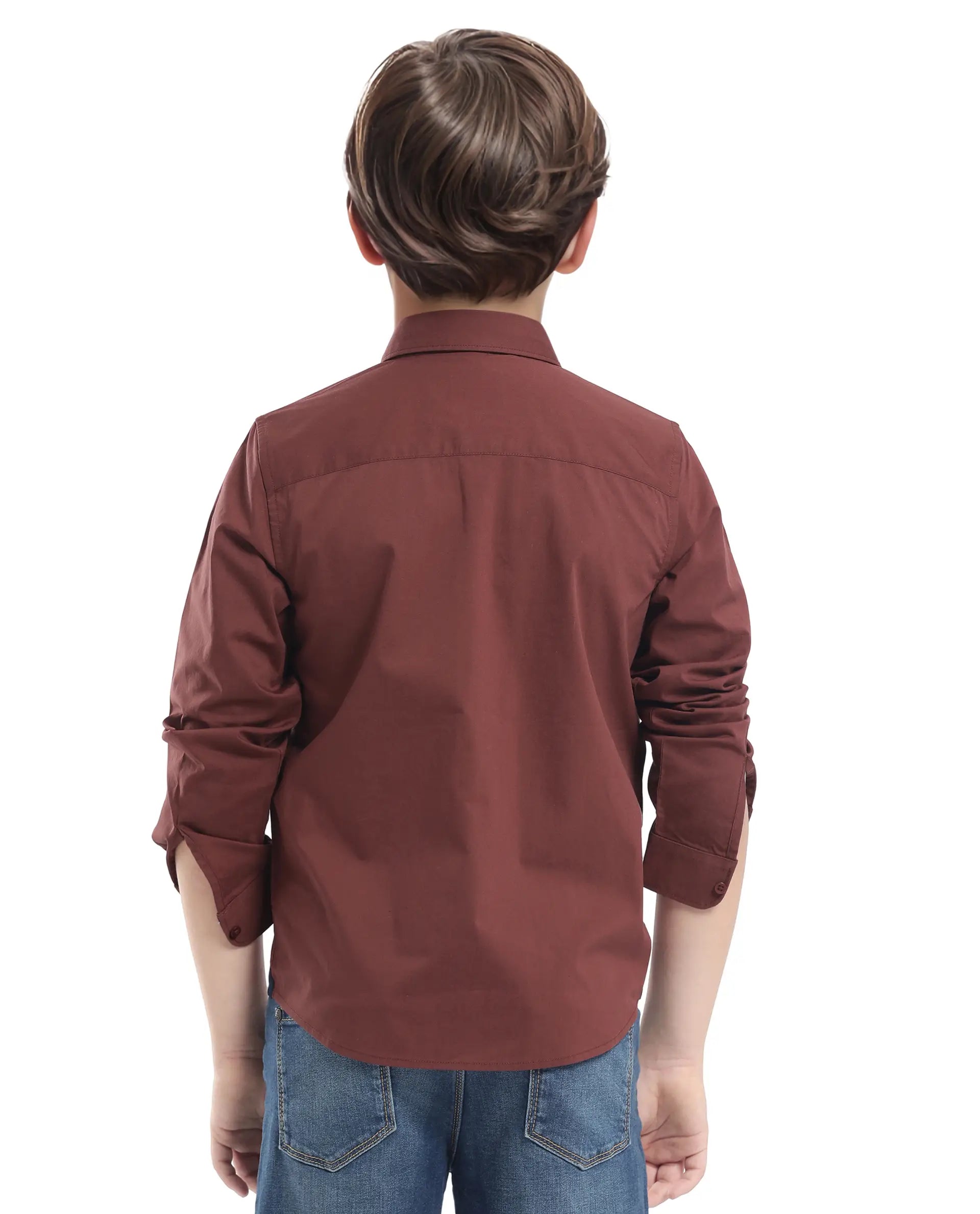 Rare Ones Kids Beno Rust Cotton Blend Full Sleeve Button Solid Regular Fit Shirt