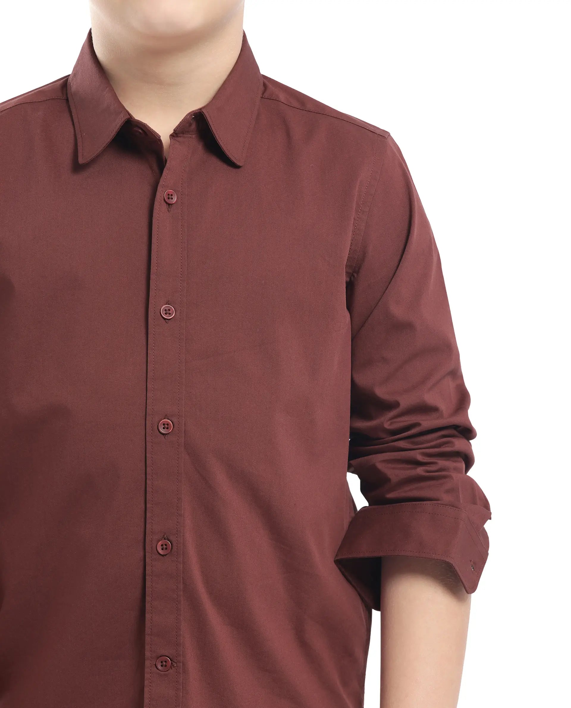Rare Ones Kids Beno Rust Cotton Blend Full Sleeve Button Solid Regular Fit Shirt