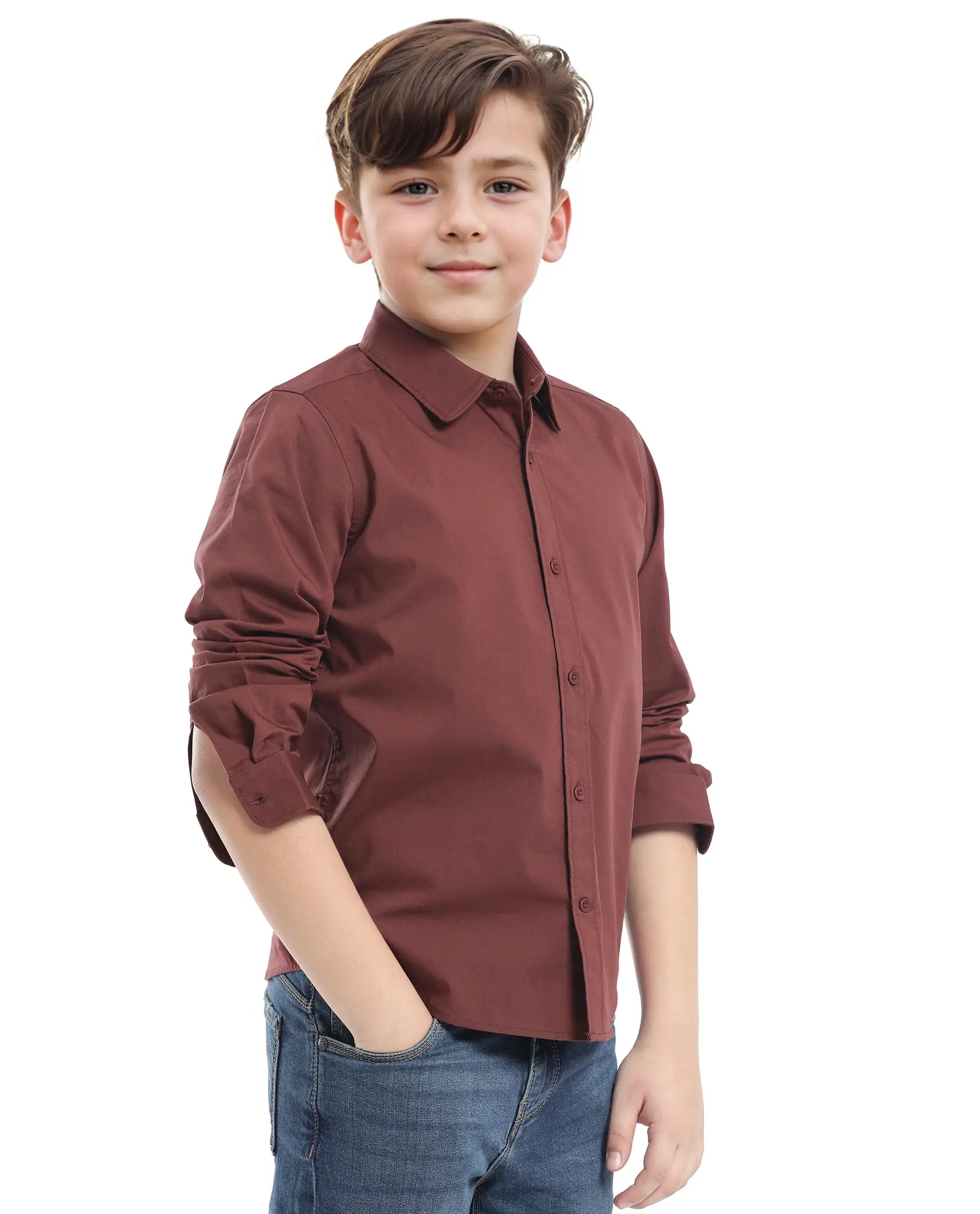 Rare Ones Kids Beno Rust Cotton Blend Full Sleeve Button Solid Regular Fit Shirt