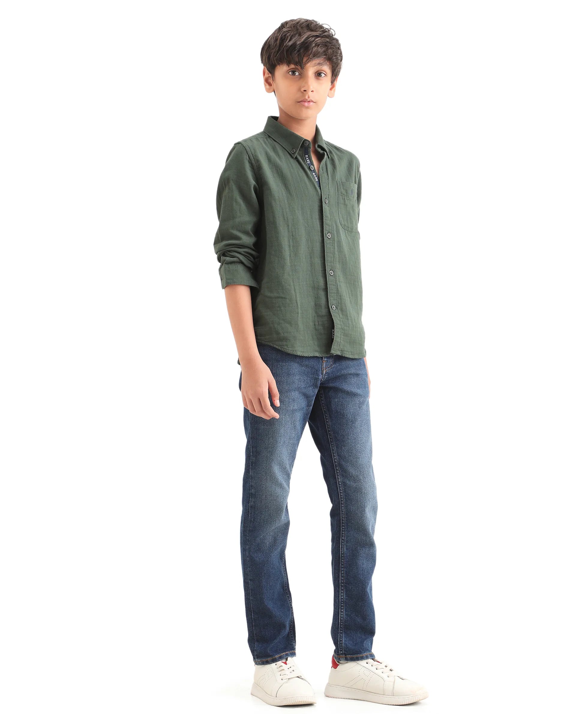Rare Ones Kids Benos Blue Cotton Button And Zipper Closure Plain Slim Fit Jeans
