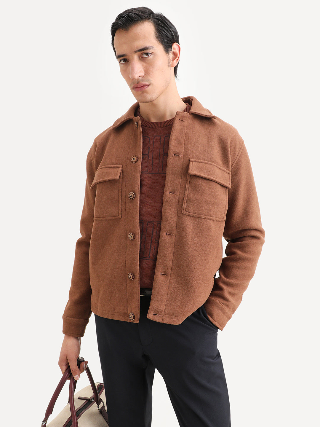 Rare Rabbit Men's Bensko Brown Polyester Fabric Spread Collar Regular Fit Plain Jacket