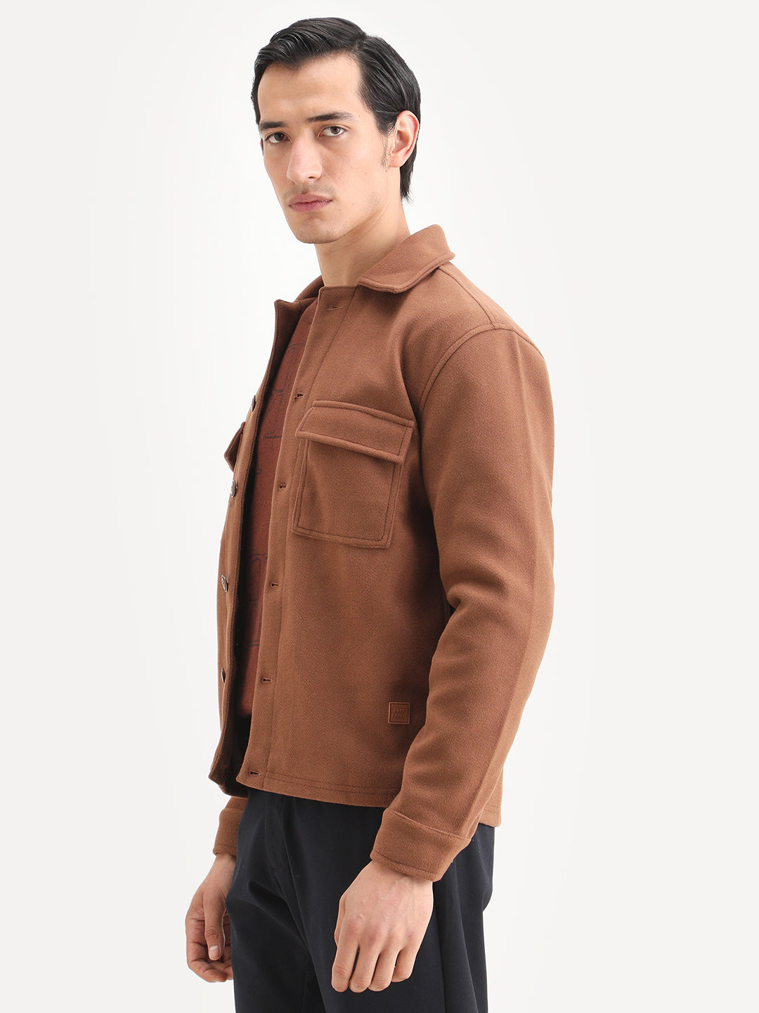 Rare Rabbit Men's Bensko Brown Polyester Fabric Spread Collar Regular Fit Plain Jacket