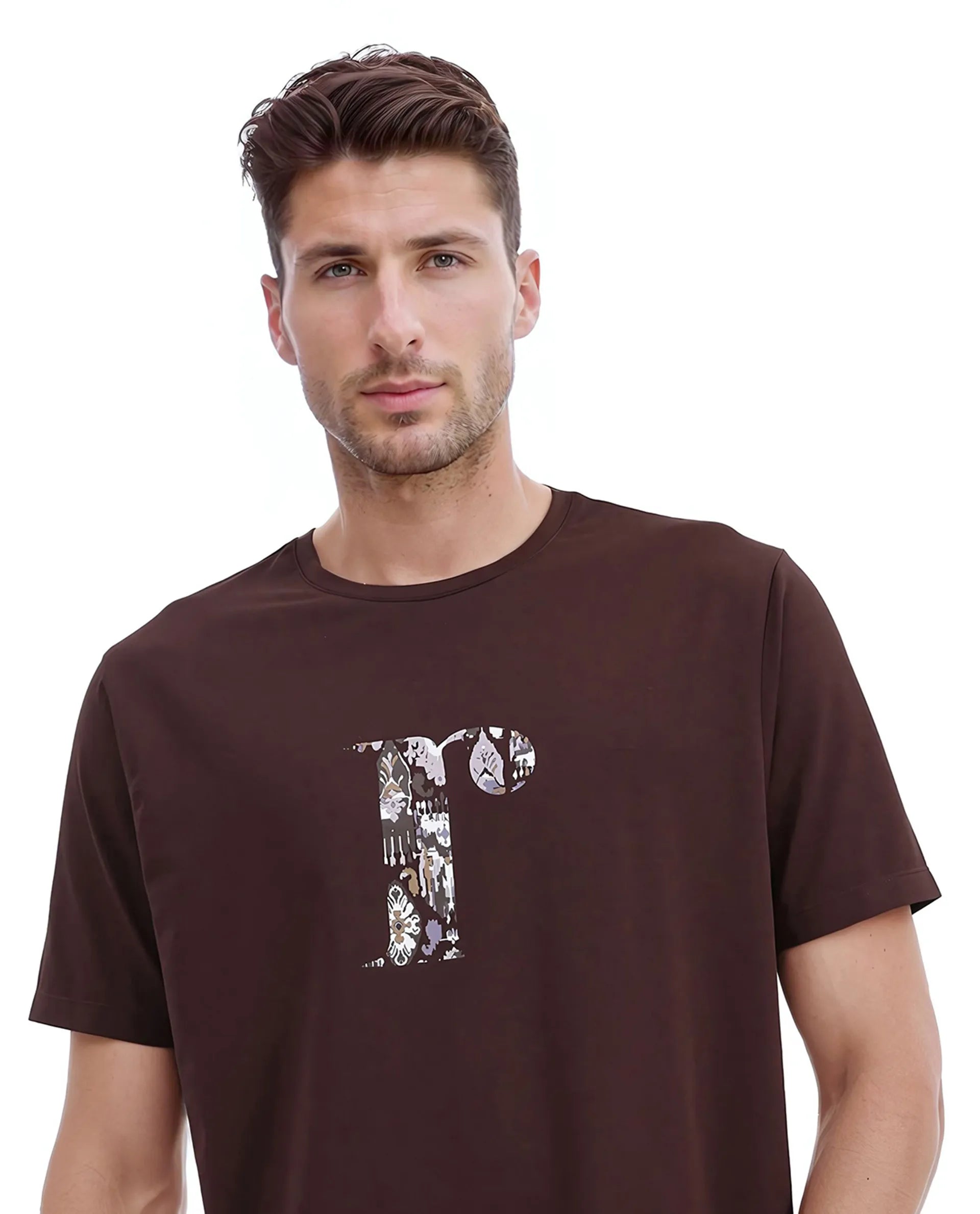 Rare Rabbit Men Bent Dark Brown Cotton Blend Fabric Short Sleeve Crew Neck Graphic Print T-Shirt