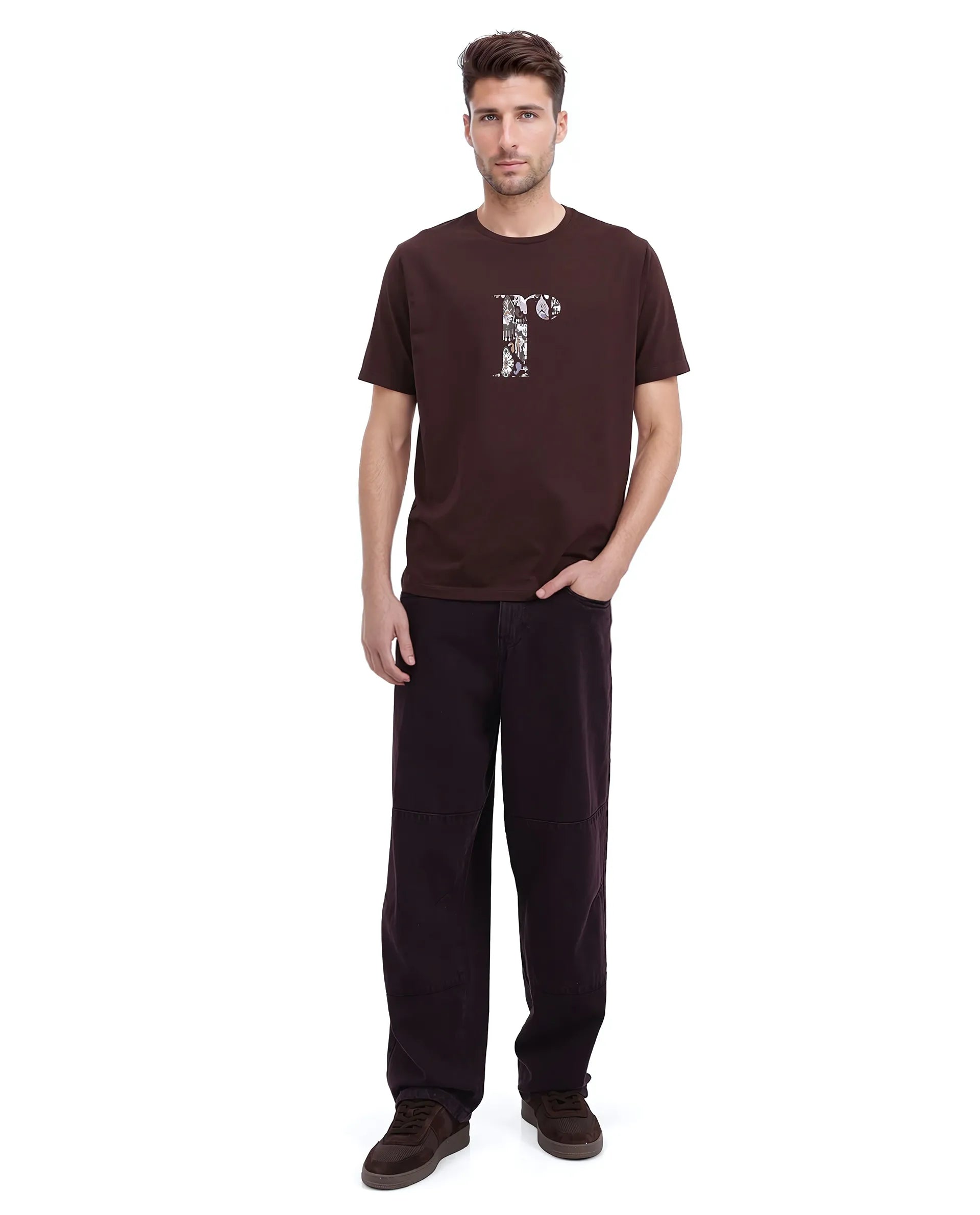 Rare Rabbit Men Bent Dark Brown Cotton Blend Fabric Short Sleeve Crew Neck Graphic Print T-Shirt