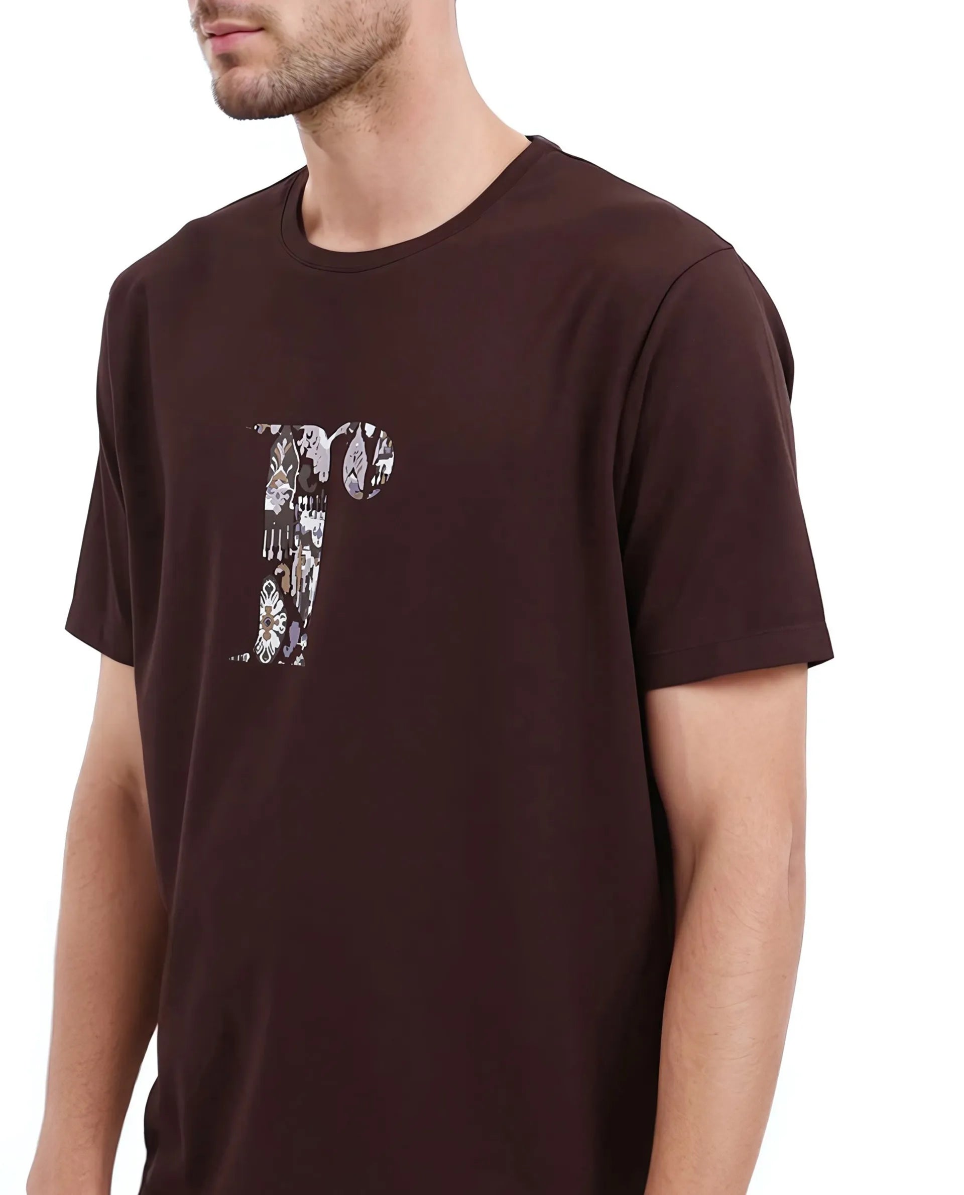 Rare Rabbit Men Bent Dark Brown Cotton Blend Fabric Short Sleeve Crew Neck Graphic Print T-Shirt