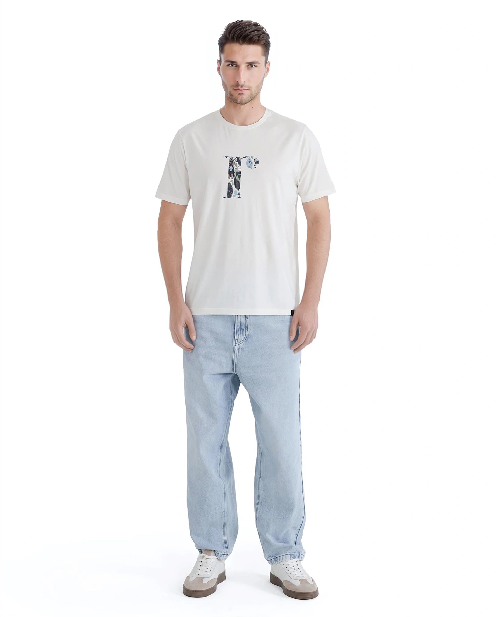 Rare Rabbit Men Bent Off White Cotton Blend Fabric Short Sleeve Crew Neck Graphic Print T-Shirt