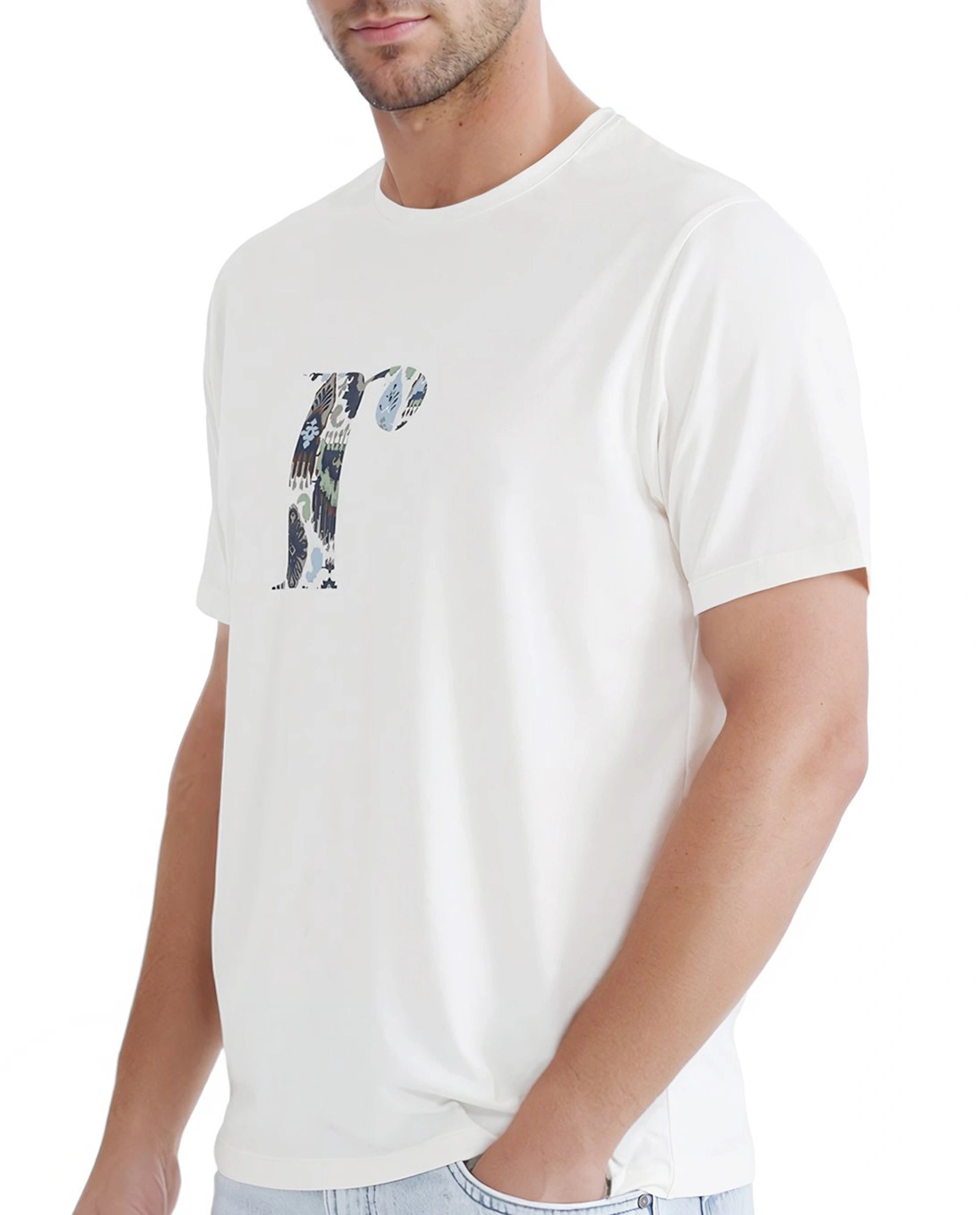 Rare Rabbit Men Bent Off White Cotton Blend Fabric Short Sleeve Crew Neck Graphic Print T-Shirt