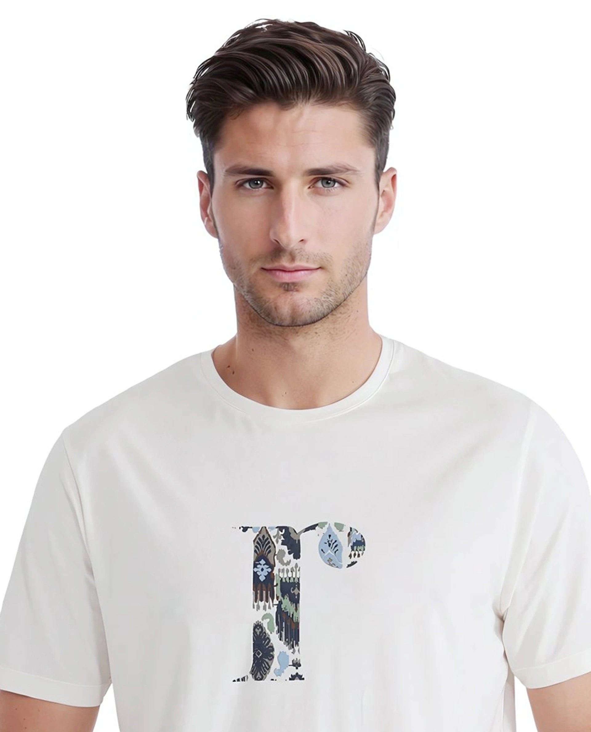 Rare Rabbit Men Bent Off White Cotton Blend Fabric Short Sleeve Crew Neck Graphic Print T-Shirt