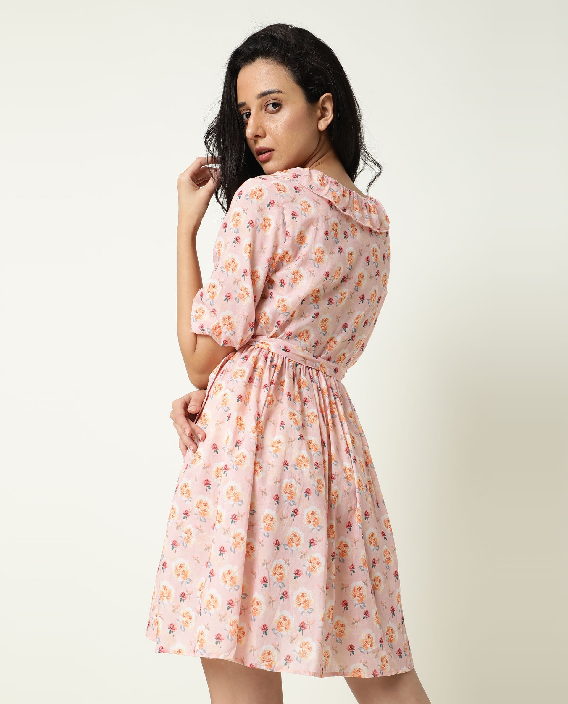 Rareism Women Verna Pink Floral Print V Neck With Ruffles Half Sleeves Fabric Waist Belt Mini Dress