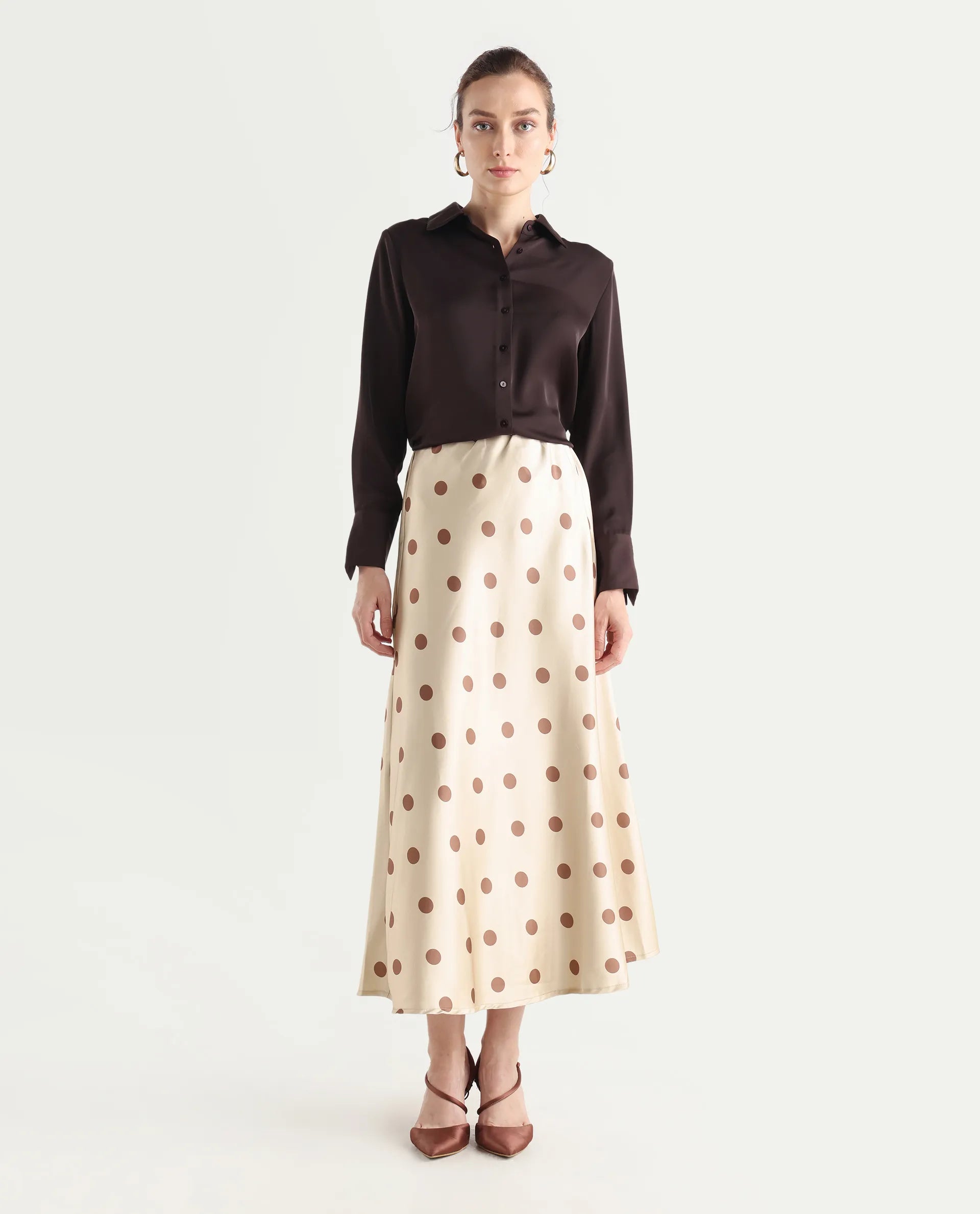 Rareism Women's Berdo-B Beige Polyester Blend Polka Print Maxi Flared Skirt