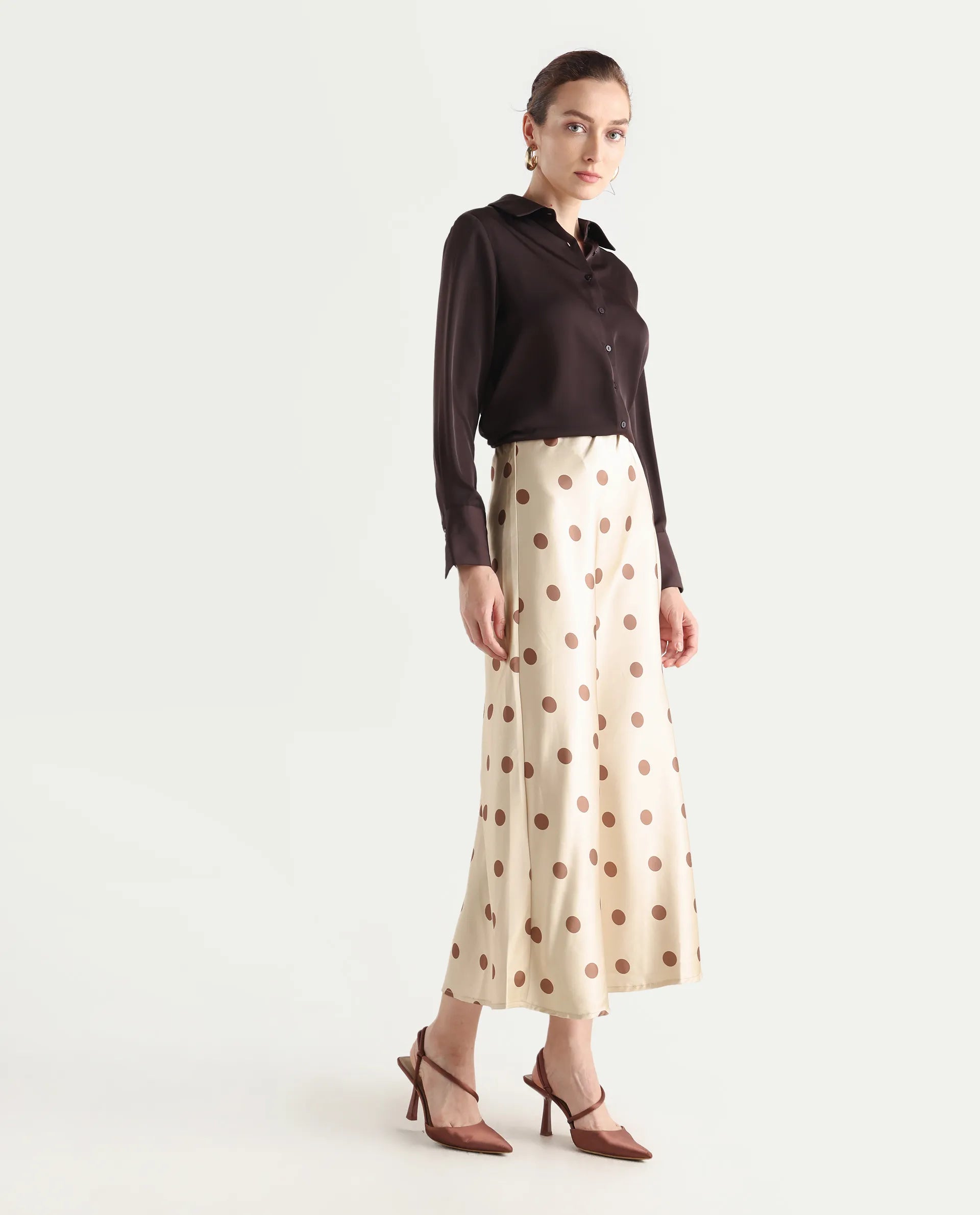 Rareism Women's Berdo-B Beige Polyester Blend Polka Print Maxi Flared Skirt