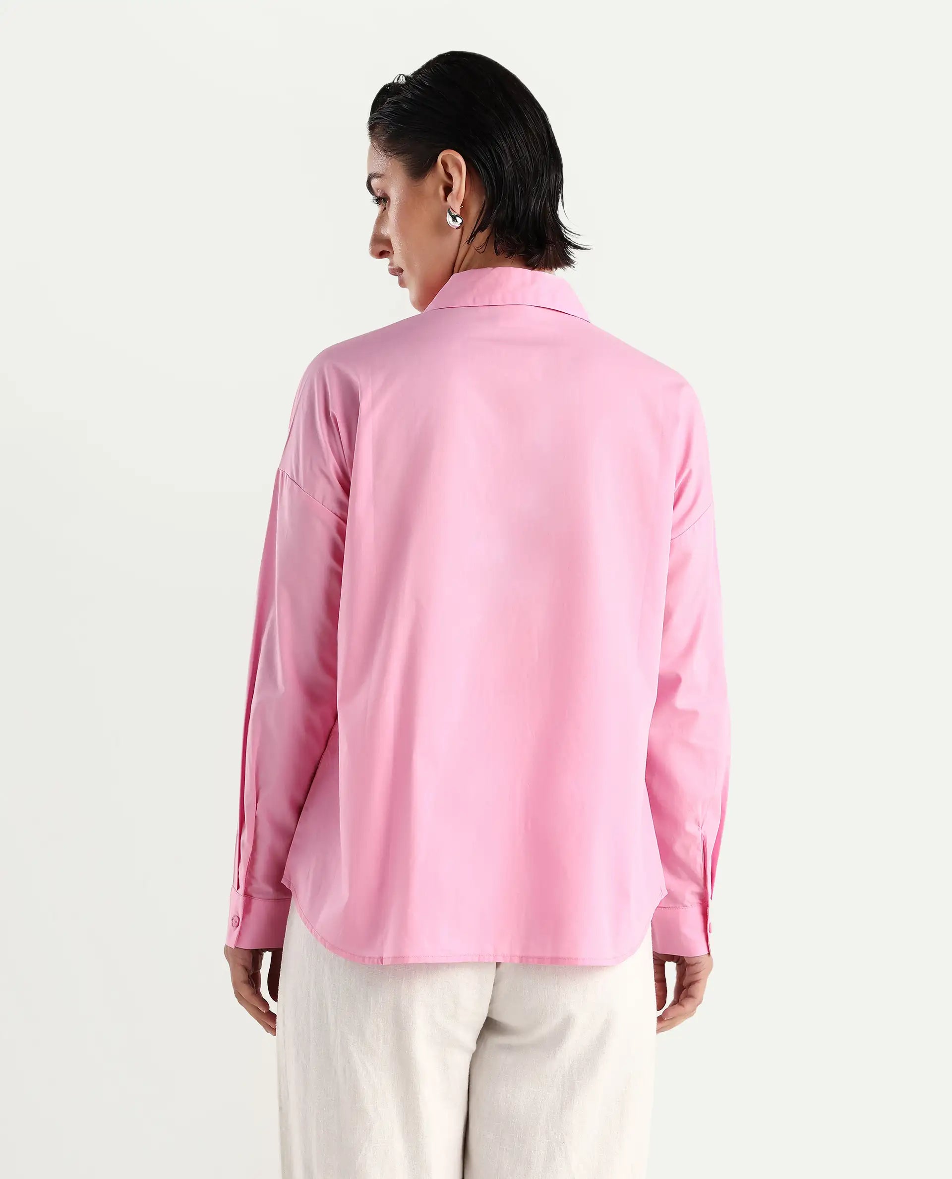 Rareism Women's Bereio Pink Cotton Drop Collar Plain Cuffed Sleeve Regular Fit Shirt