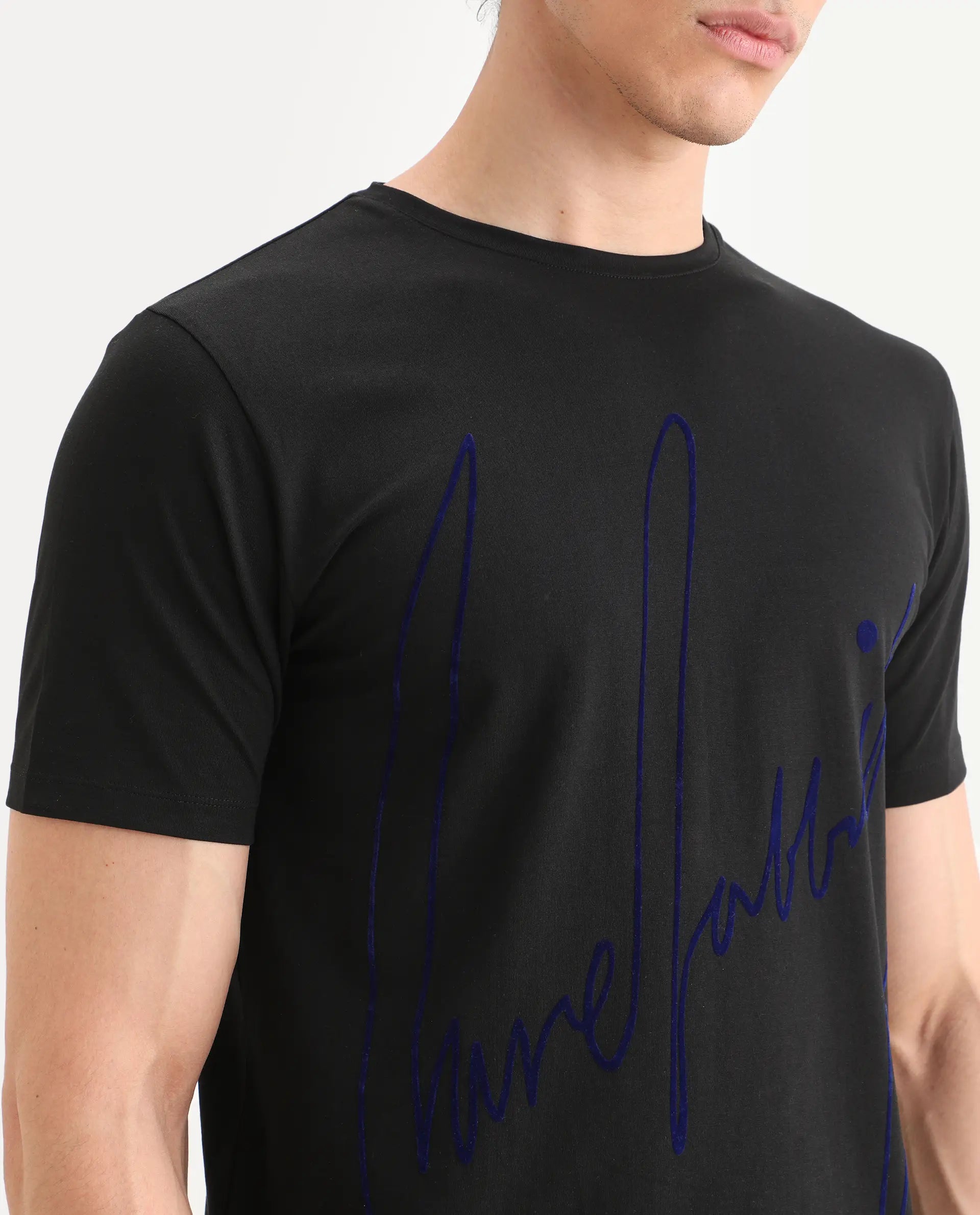 Rare Rabbit Men's Berg-S26 Black Cotton Blend Fabric Half Sleeve Crew Neck Regular Fit Printed T-Shirt