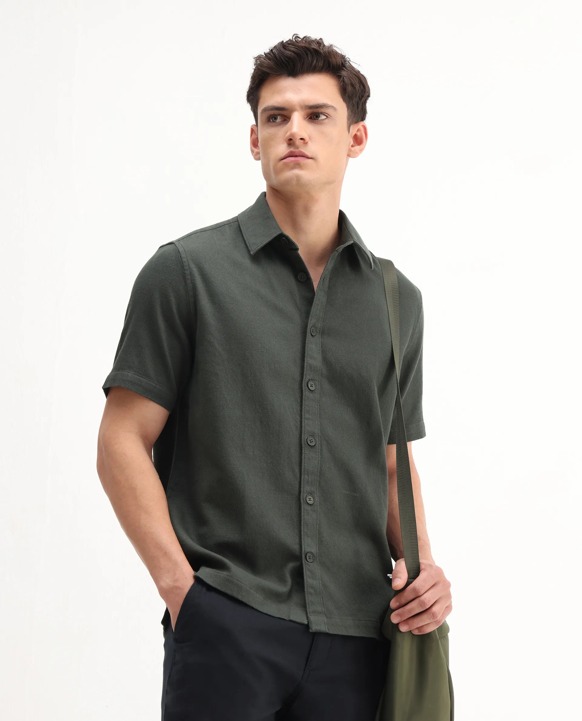 Rare Rabbit Men's Berk-Ss Olive Cotton Plain Regular Fit Half Sleeve Spread Collar Shirt