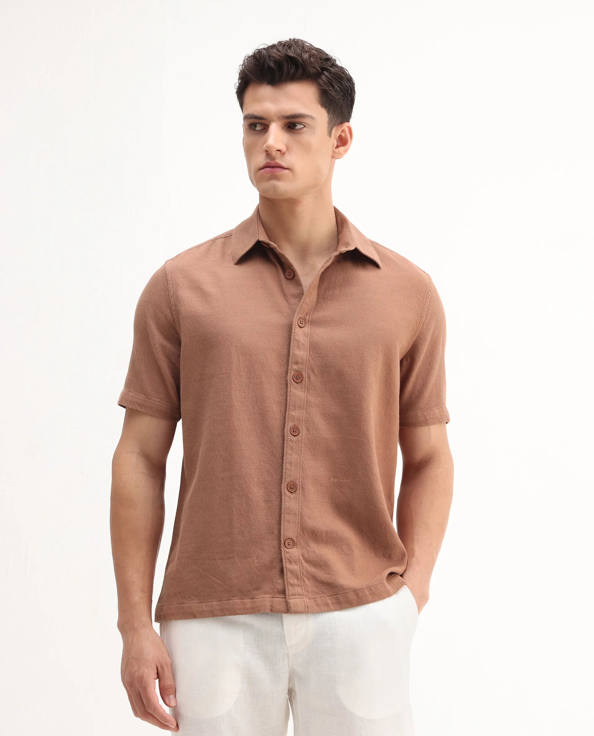 Rare Rabbit Men's Berk-Ss Rust Cotton Plain Regular Fit Half Sleeve Spread Collar Shirt