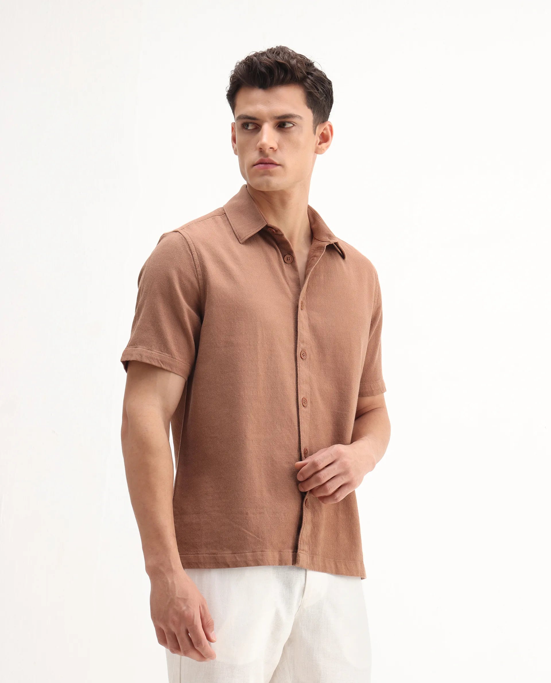 Rare Rabbit Men's Berk-Ss Rust Cotton Plain Regular Fit Half Sleeve Spread Collar Shirt