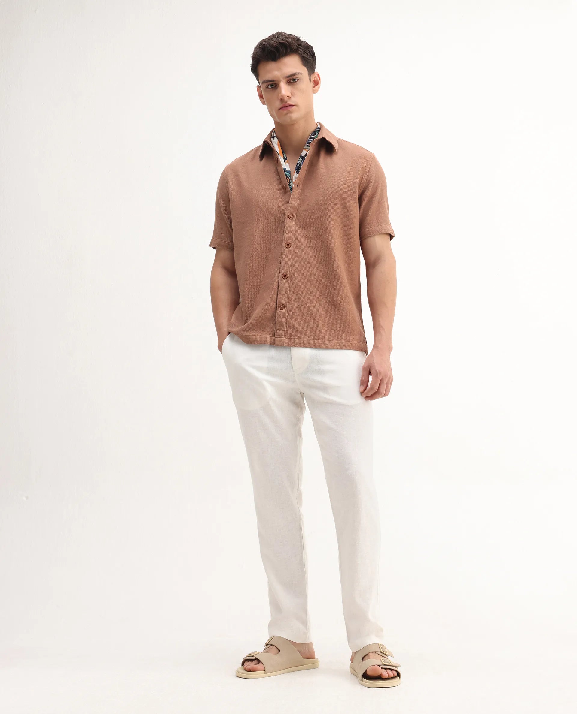 Rare Rabbit Men's Berk-Ss Rust Cotton Plain Regular Fit Half Sleeve Spread Collar Shirt