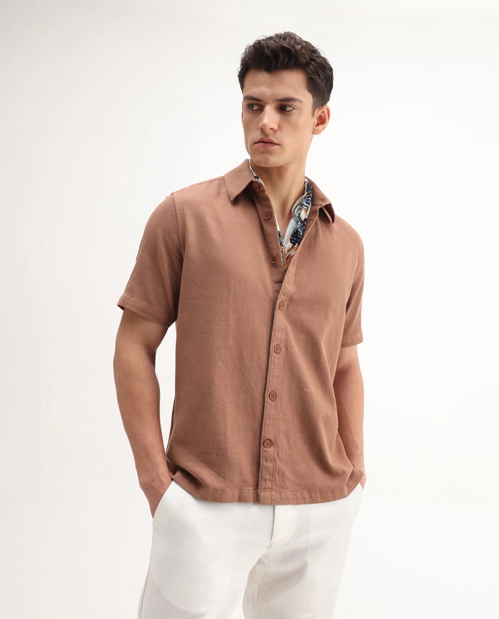 Rare Rabbit Men's Berk-Ss Rust Cotton Plain Regular Fit Half Sleeve Spread Collar Shirt