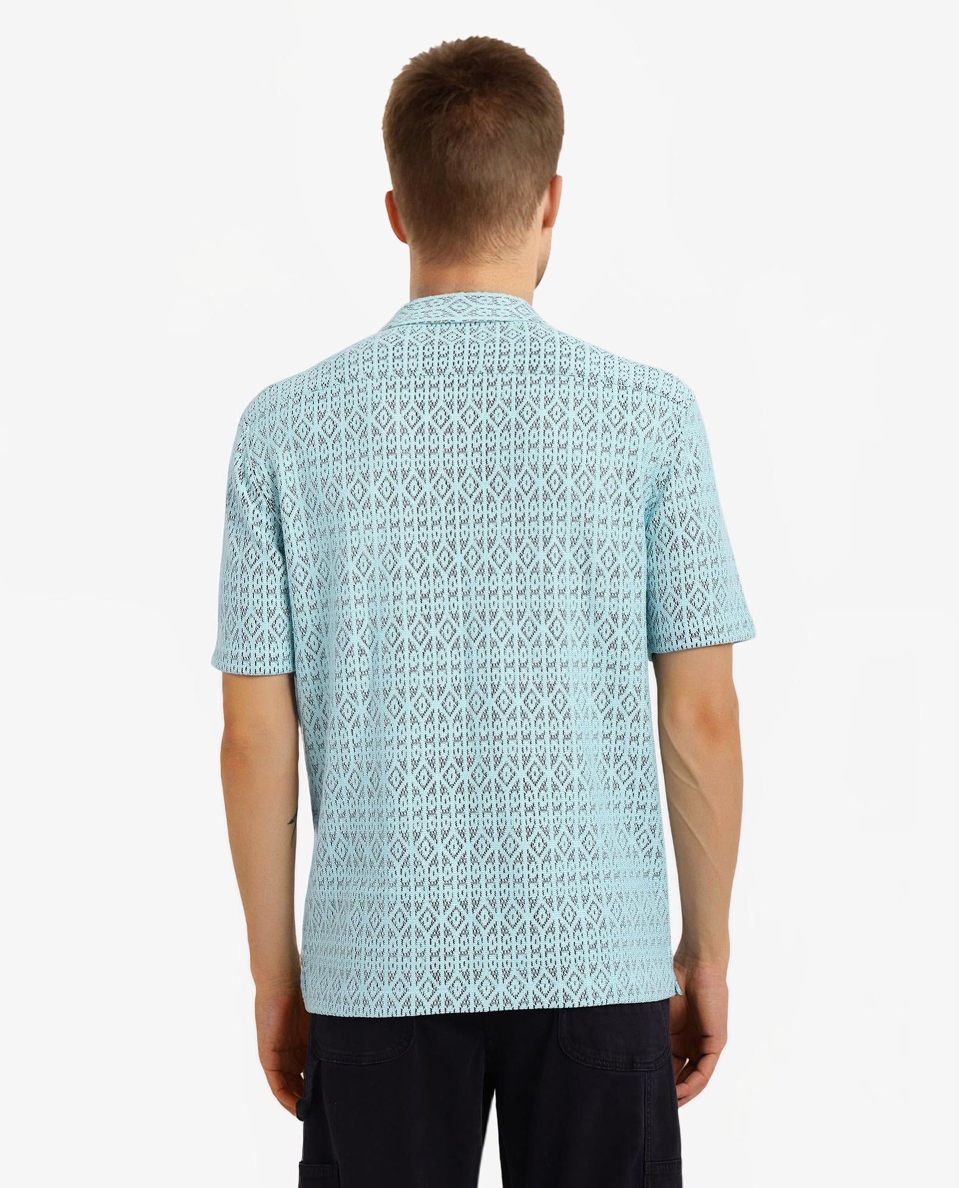 Rare Rabbit Men Berlin Light Blue Cotton Poly Fabric Short Sleeve Cuban Collar Crochet Shirt