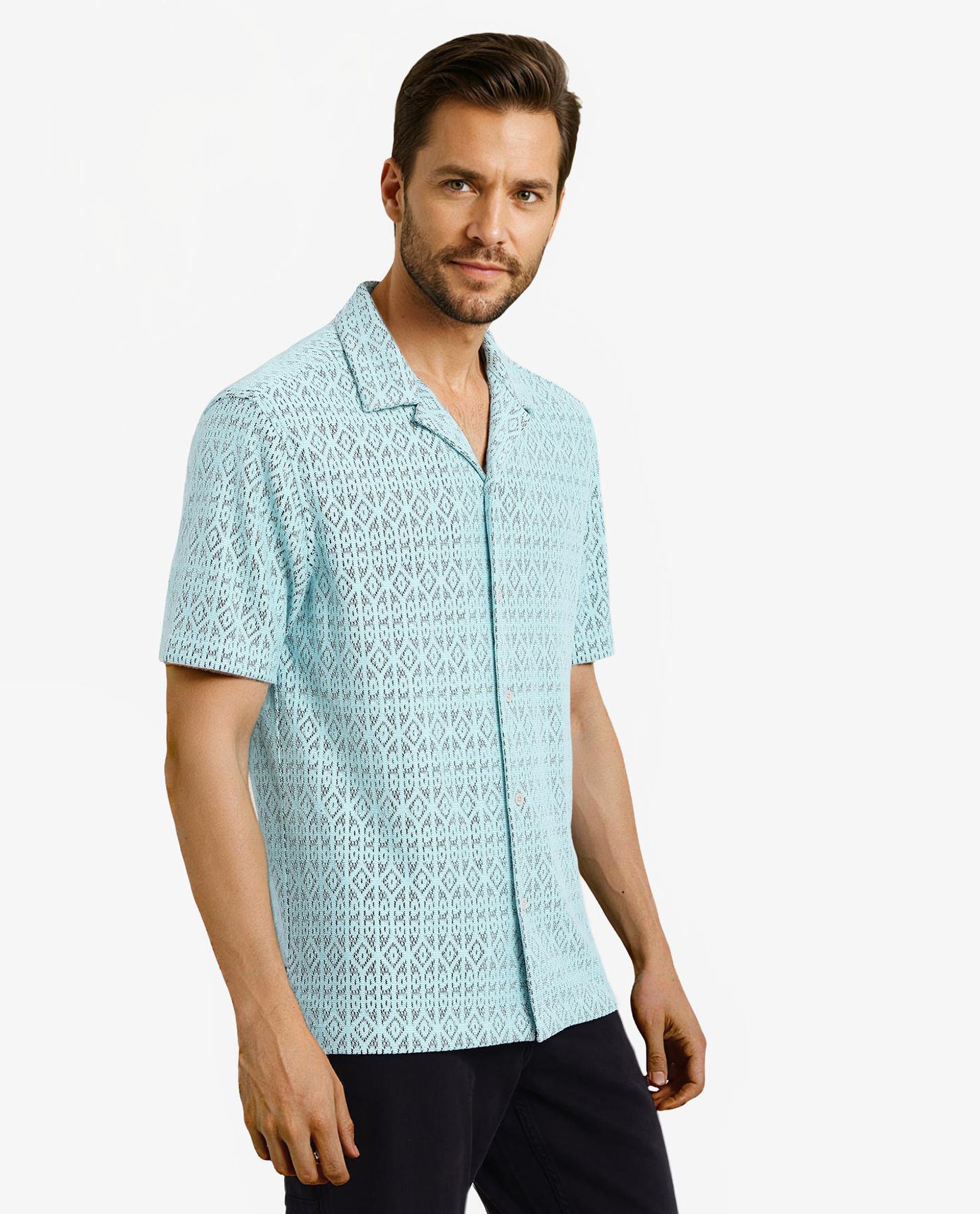 Rare Rabbit Men Berlin Light Blue Cotton Poly Fabric Short Sleeve Cuban Collar Crochet Shirt