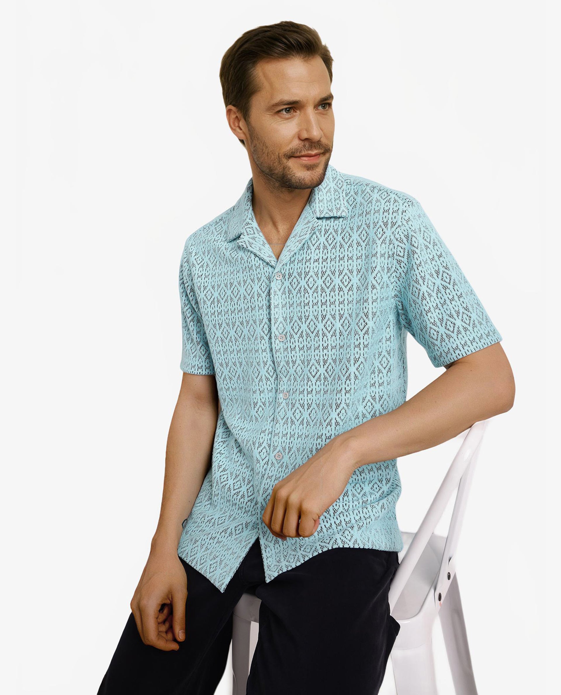 Rare Rabbit Men Berlin Light Blue Cotton Poly Fabric Short Sleeve Cuban Collar Crochet Shirt