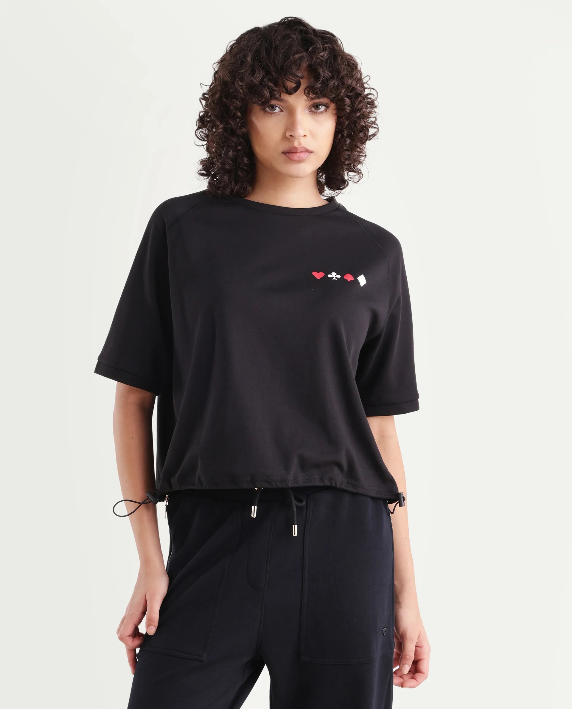 Rareism Women's Berly Black Cotton Blend Crew Neck Graphic Print Relaxed Fit T-Shirt