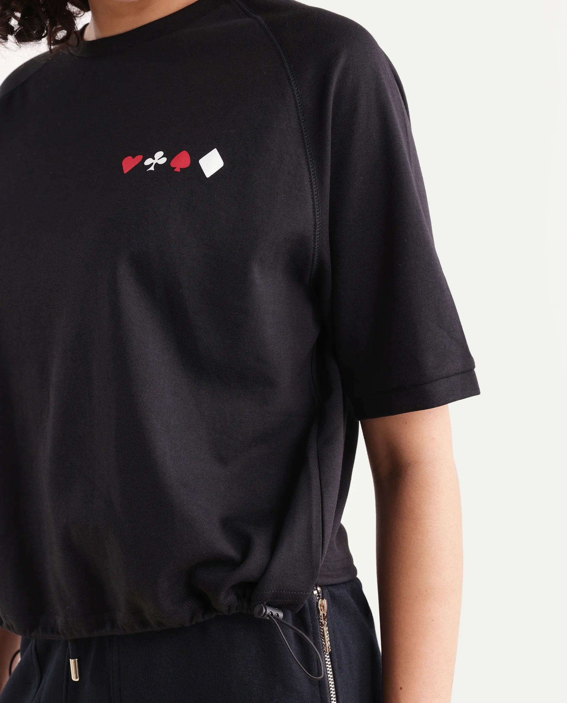 Rareism Women's Berly Black Cotton Blend Crew Neck Graphic Print Relaxed Fit T-Shirt