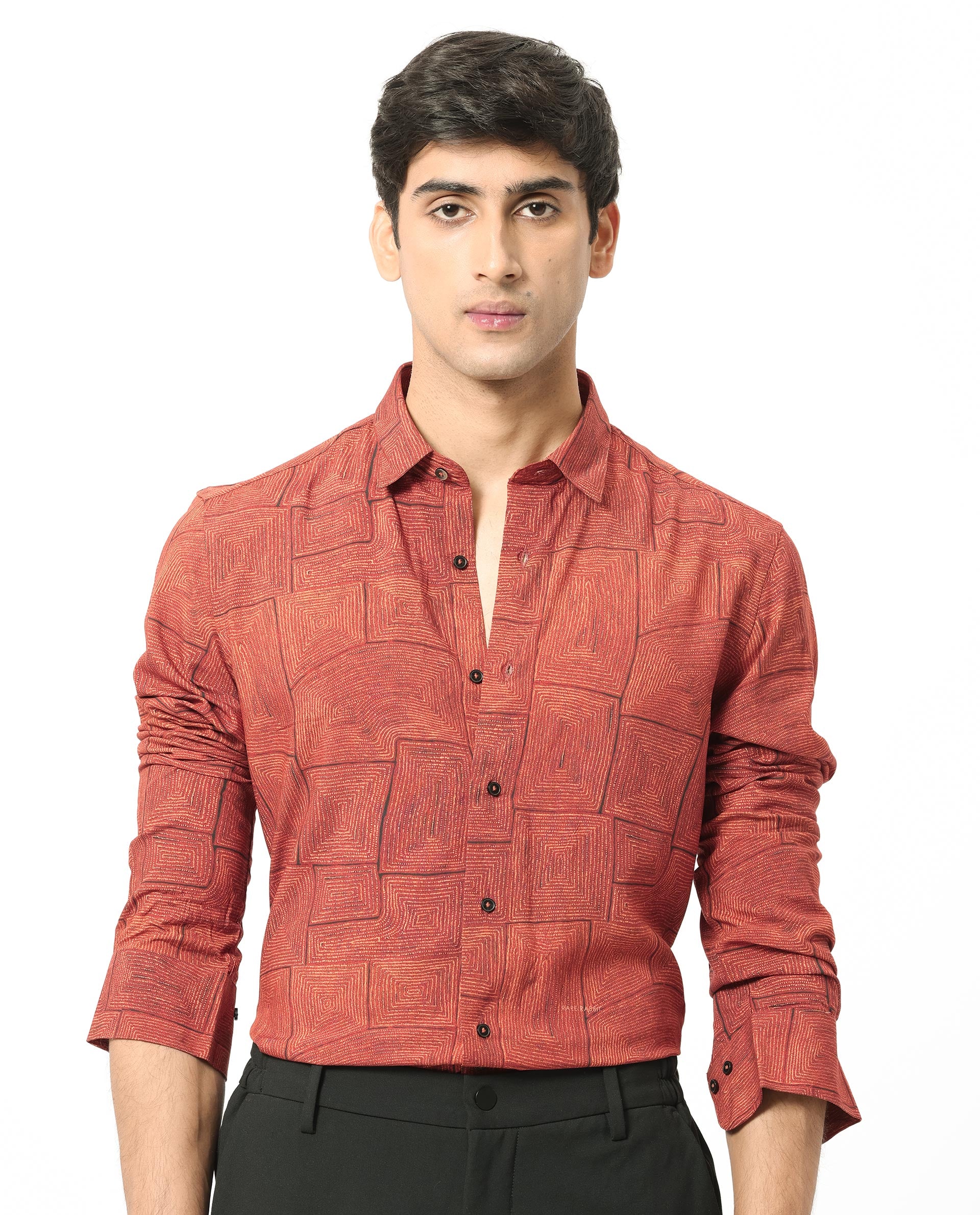 Rare Rabbit Mens Berman Rust Viscose Fabric Full Sleeves Geometric Print Shirt