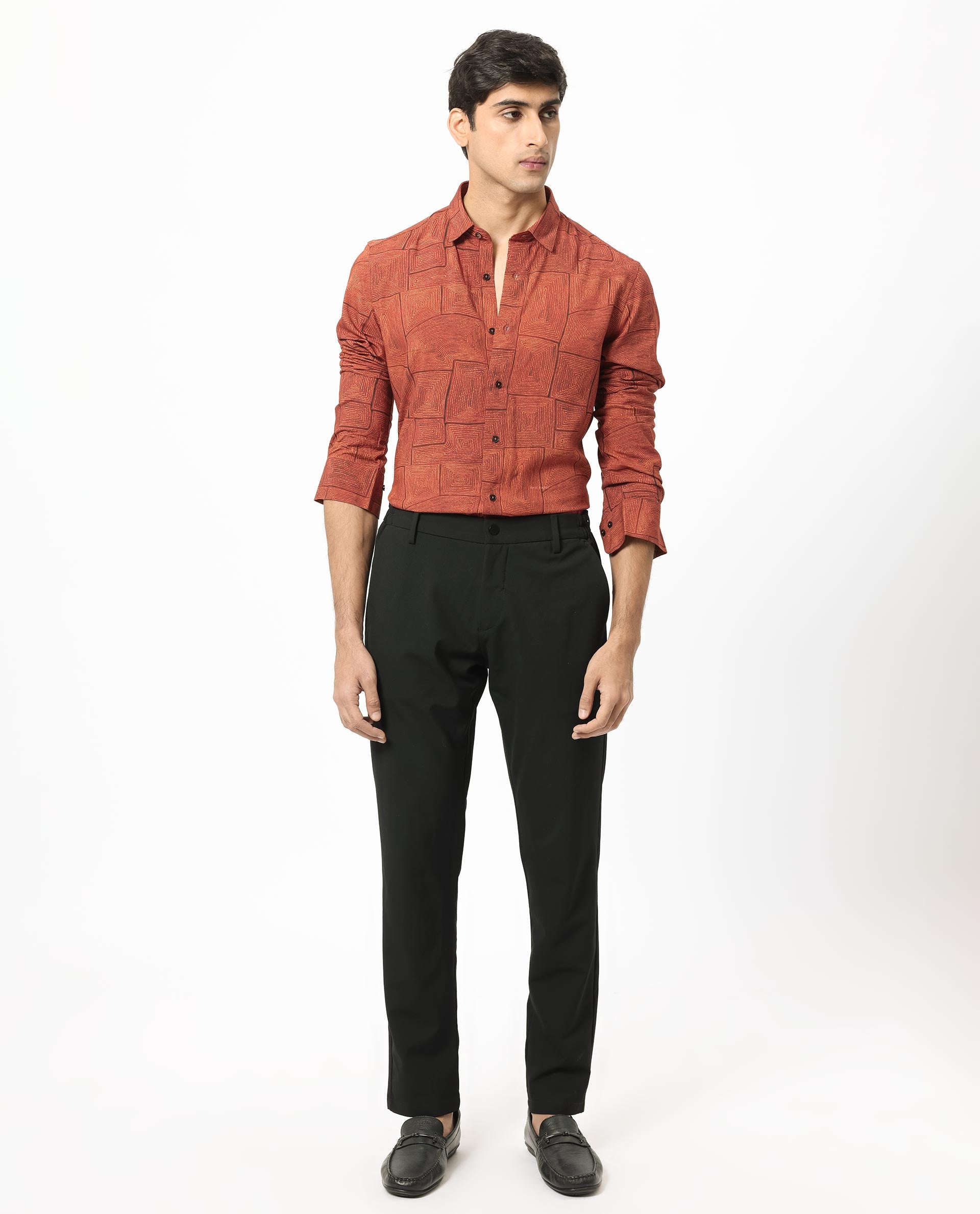 Rare Rabbit Mens Berman Rust Viscose Fabric Full Sleeves Geometric Print Shirt