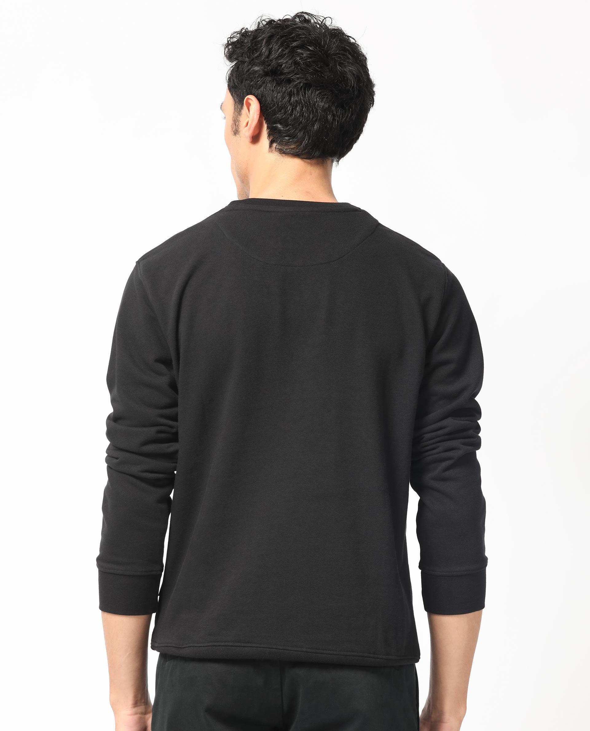 Rare Rabbit Men's Bermann Black Cotton Polyester Fabric Full Sleeves Graphic Printed Logo Sweatshirt