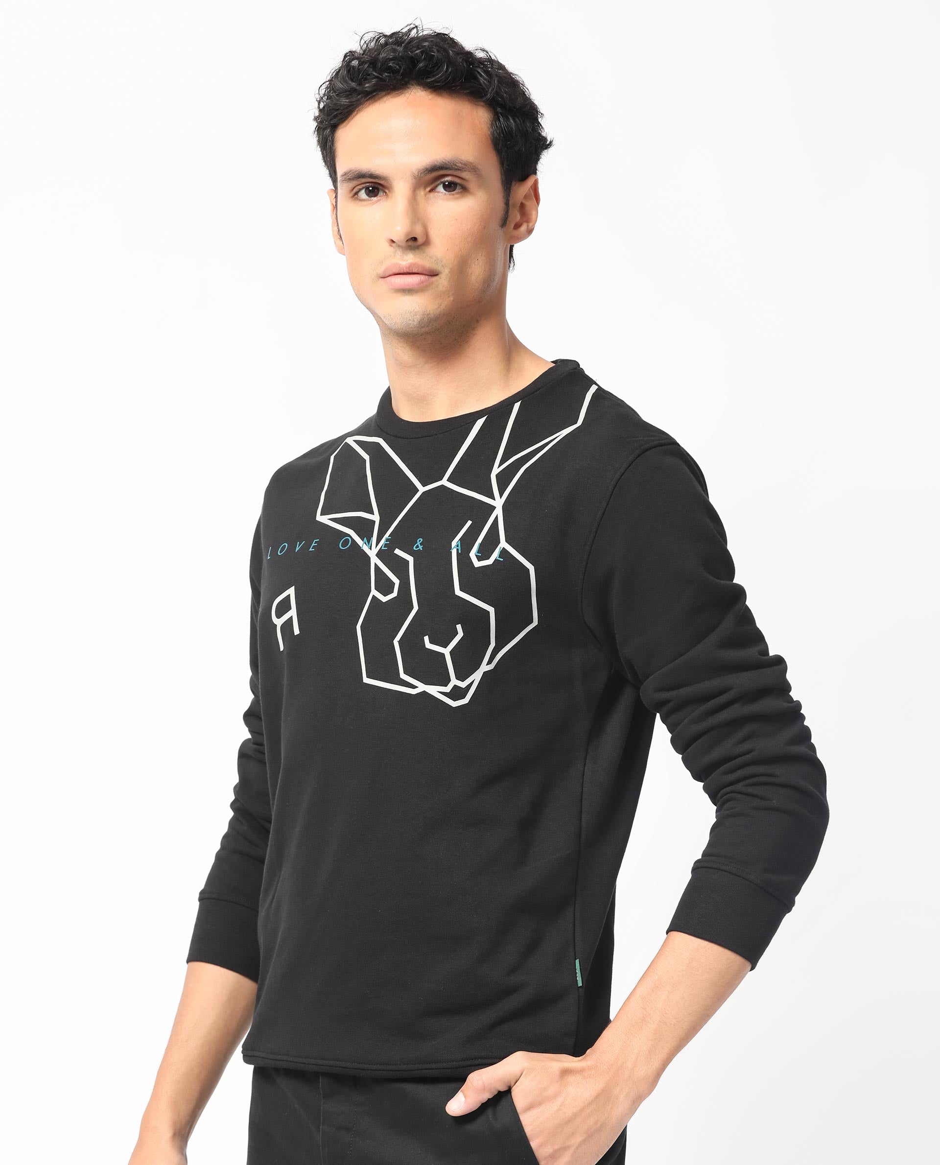 Rare Rabbit Men's Bermann Black Cotton Polyester Fabric Full Sleeves Graphic Printed Logo Sweatshirt