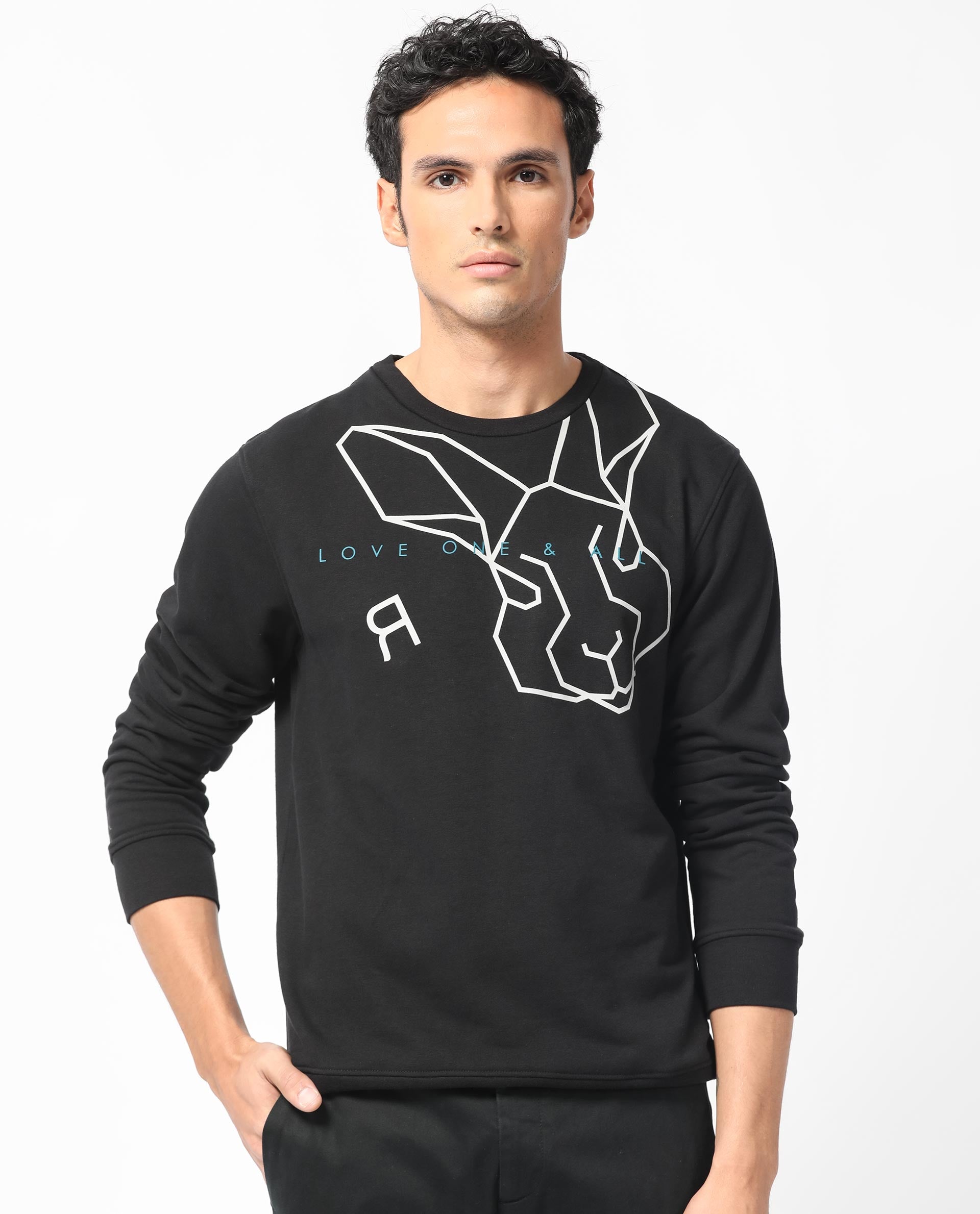 Rare Rabbit Men's Bermann Black Cotton Polyester Fabric Full Sleeves Graphic Printed Logo Sweatshirt