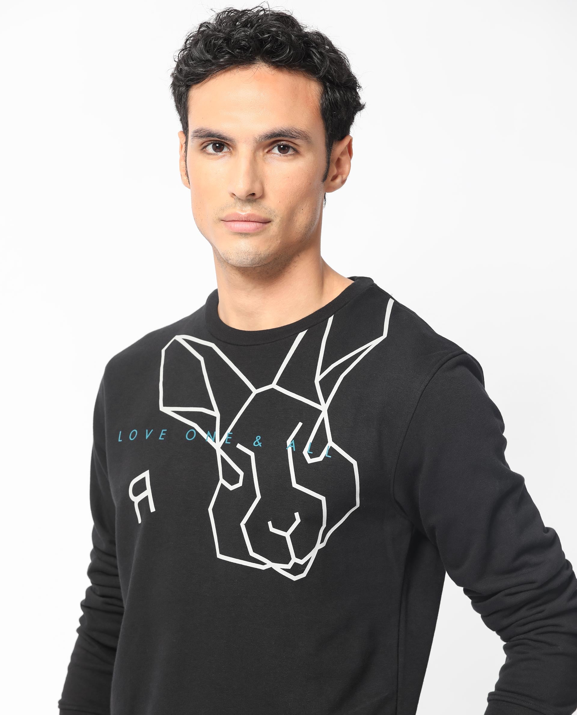 Rare Rabbit Men's Bermann Black Cotton Polyester Fabric Full Sleeves Graphic Printed Logo Sweatshirt