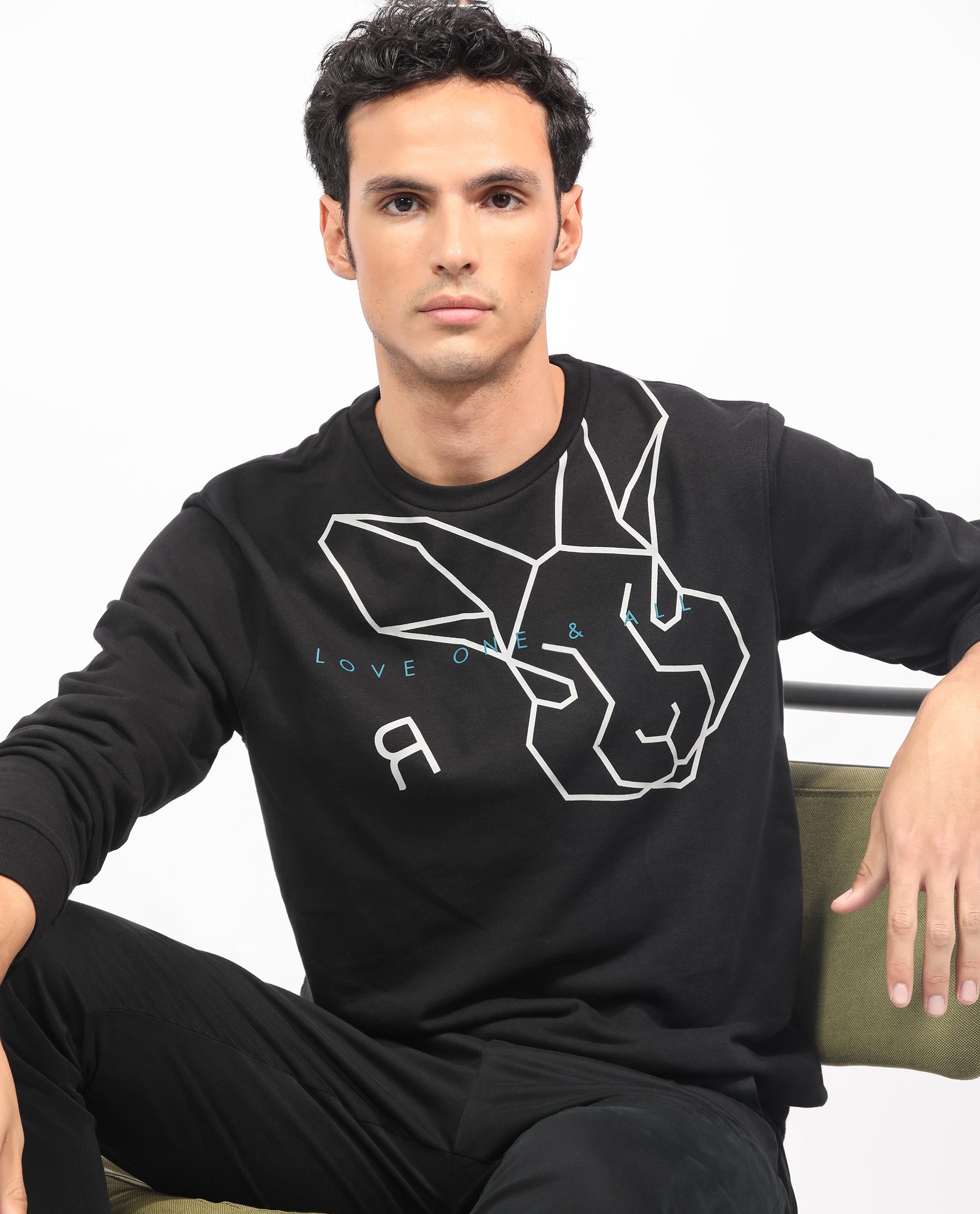 Rare Rabbit Men's Bermann Black Cotton Polyester Fabric Full Sleeves Graphic Printed Logo Sweatshirt