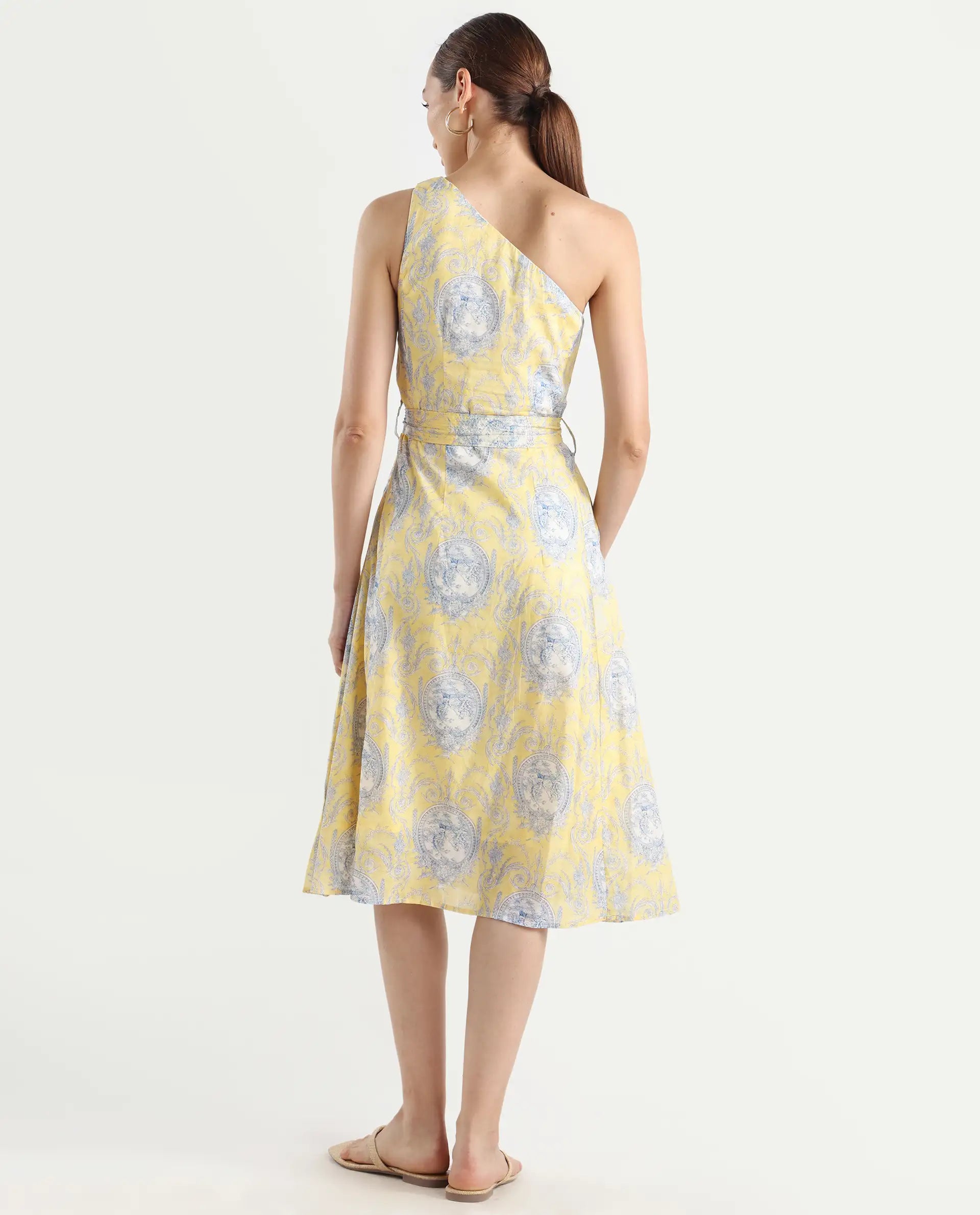 Rareism Women's Bermera Multi Cotton One Shoulder Ornamental Print One Shoulder Midi Fit And Flare Dress