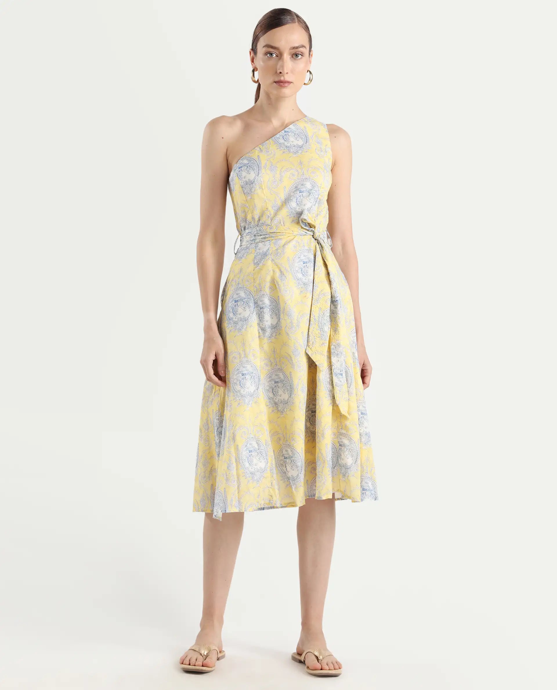 Rareism Women's Bermera Multi Cotton One Shoulder Ornamental Print One Shoulder Midi Fit And Flare Dress