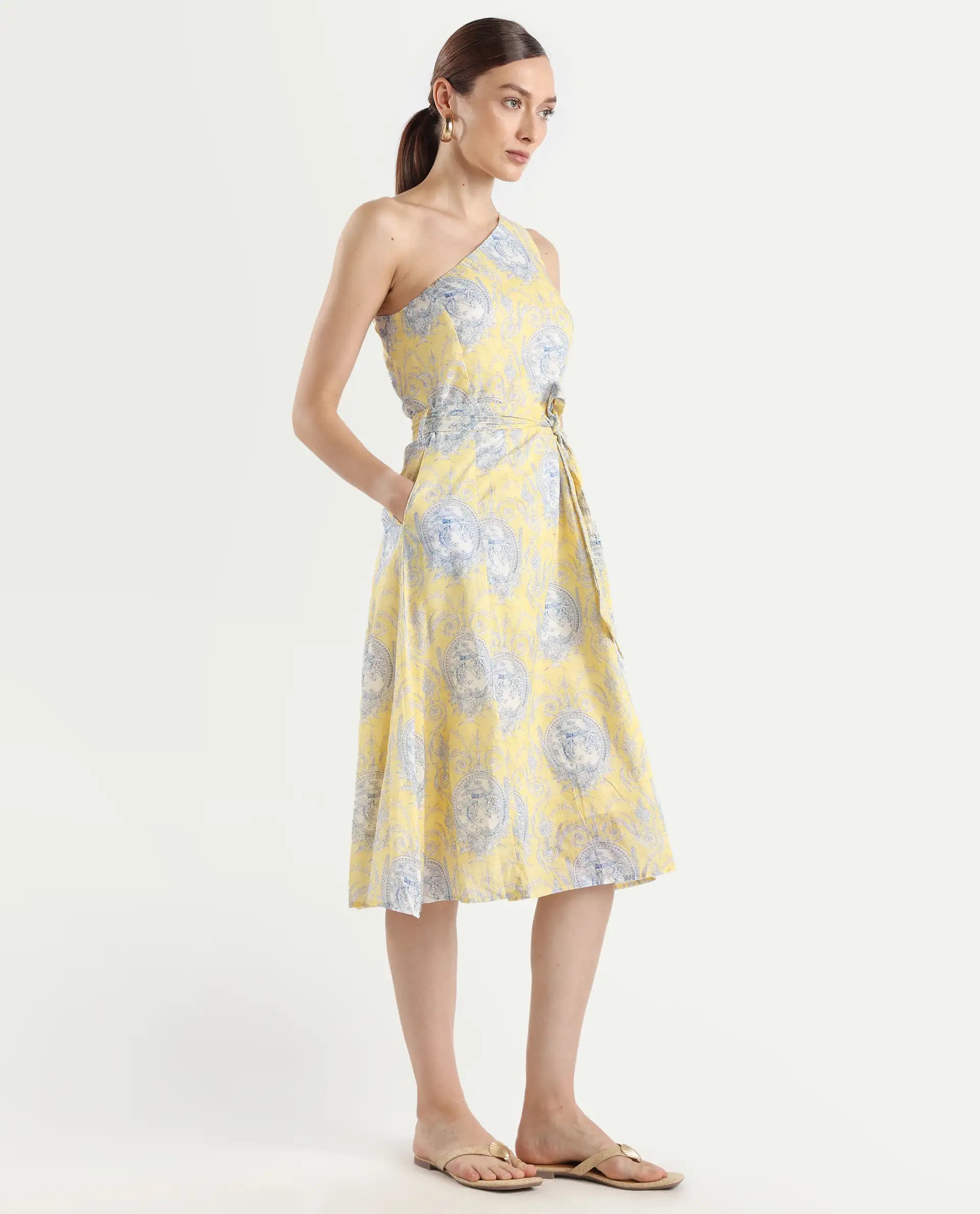 Rareism Women's Bermera Multi Cotton One Shoulder Ornamental Print One Shoulder Midi Fit And Flare Dress