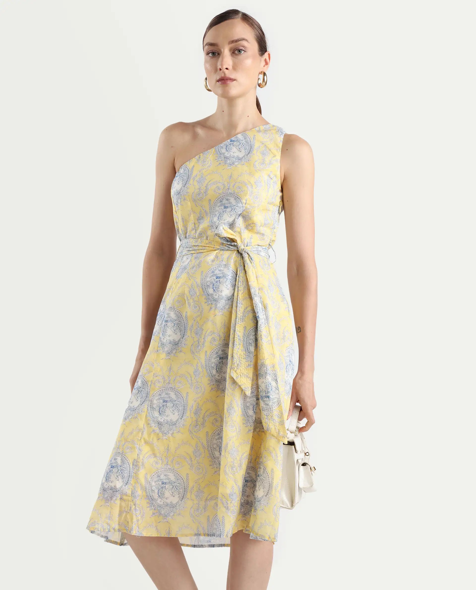 Rareism Women's Bermera Multi Cotton One Shoulder Ornamental Print One Shoulder Midi Fit And Flare Dress