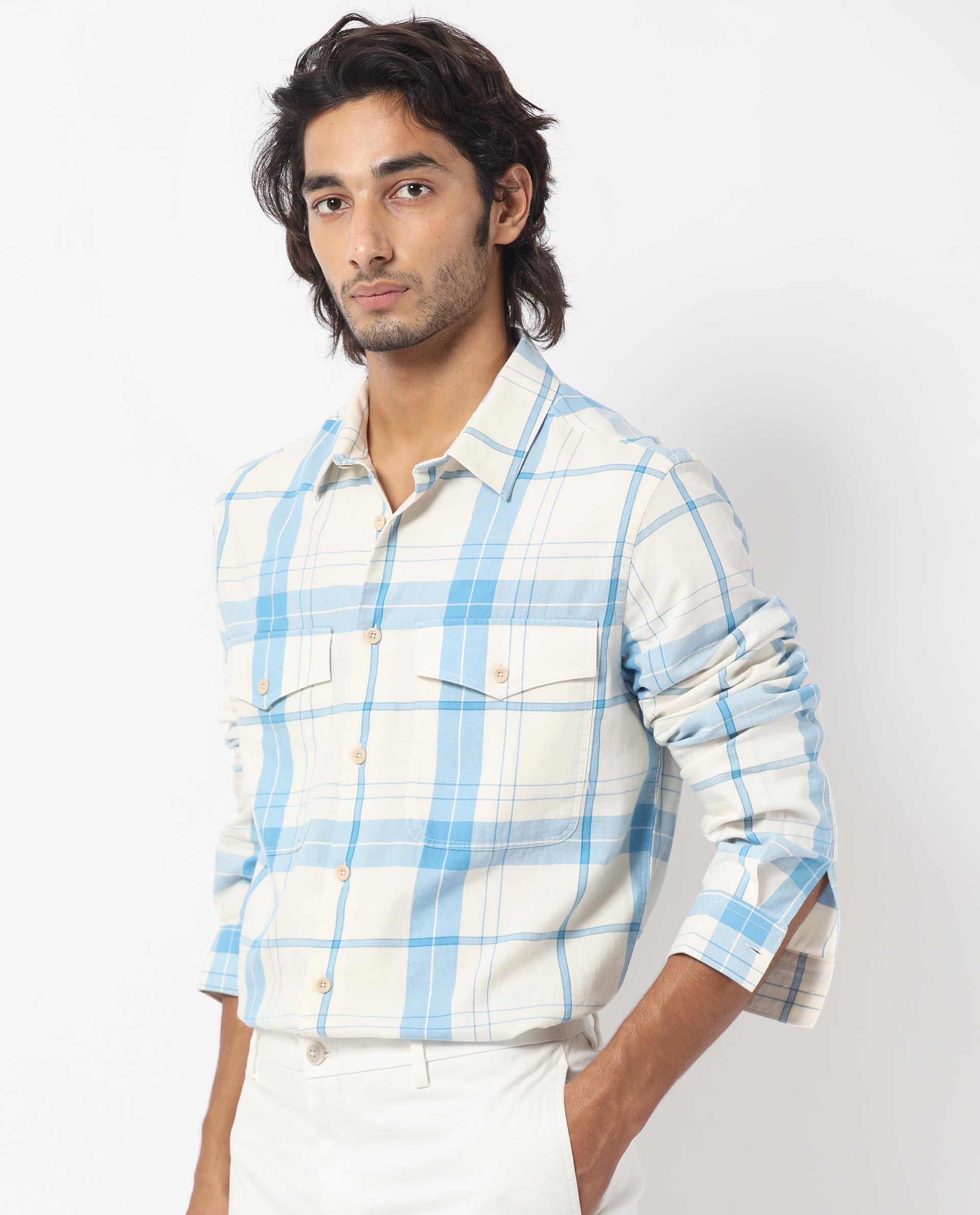 Rare Rabbit Men's Bern Blue Cotton Fabric Full Sleeves Checks Shirt