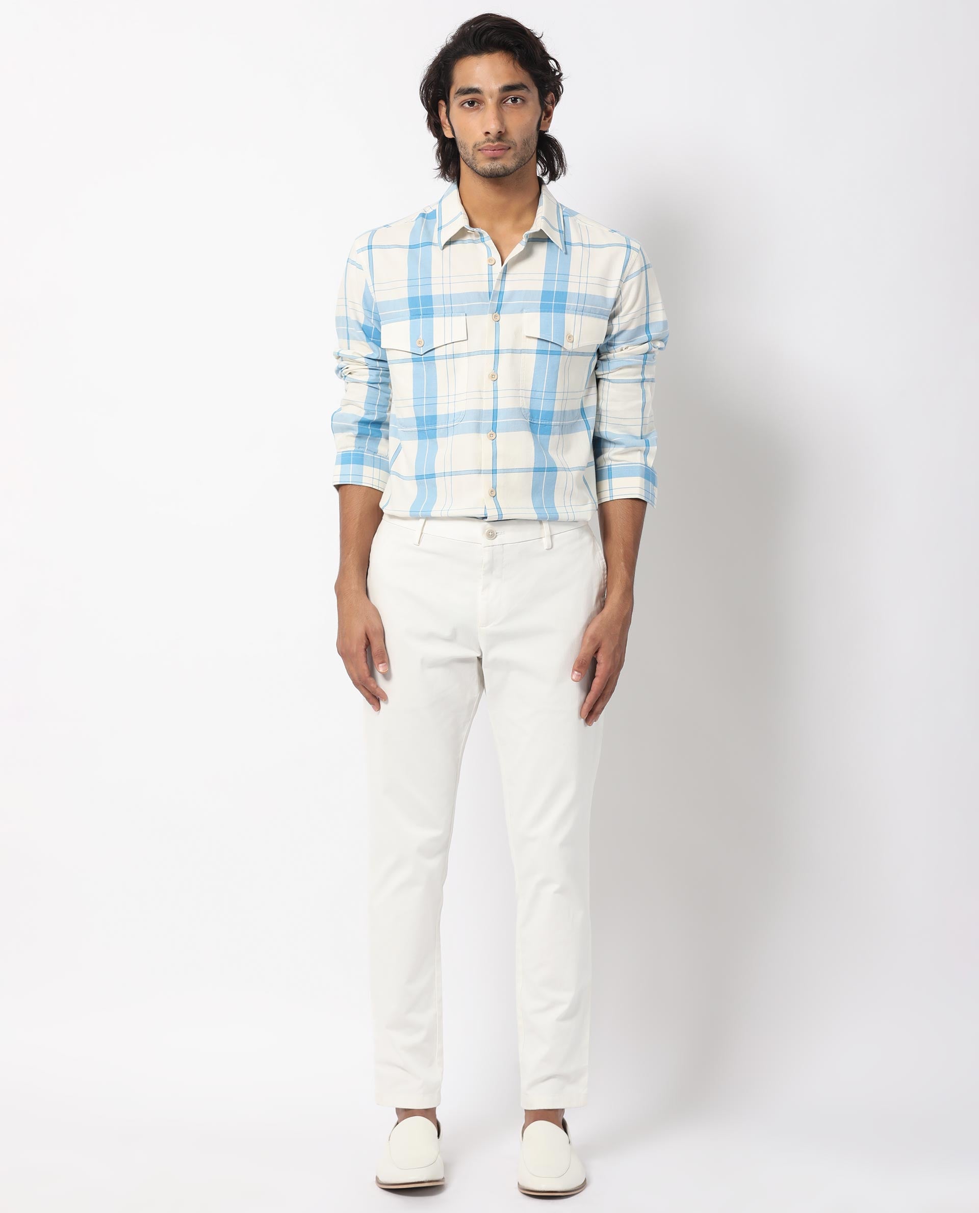 Rare Rabbit Men's Bern Blue Cotton Fabric Full Sleeves Checks Shirt