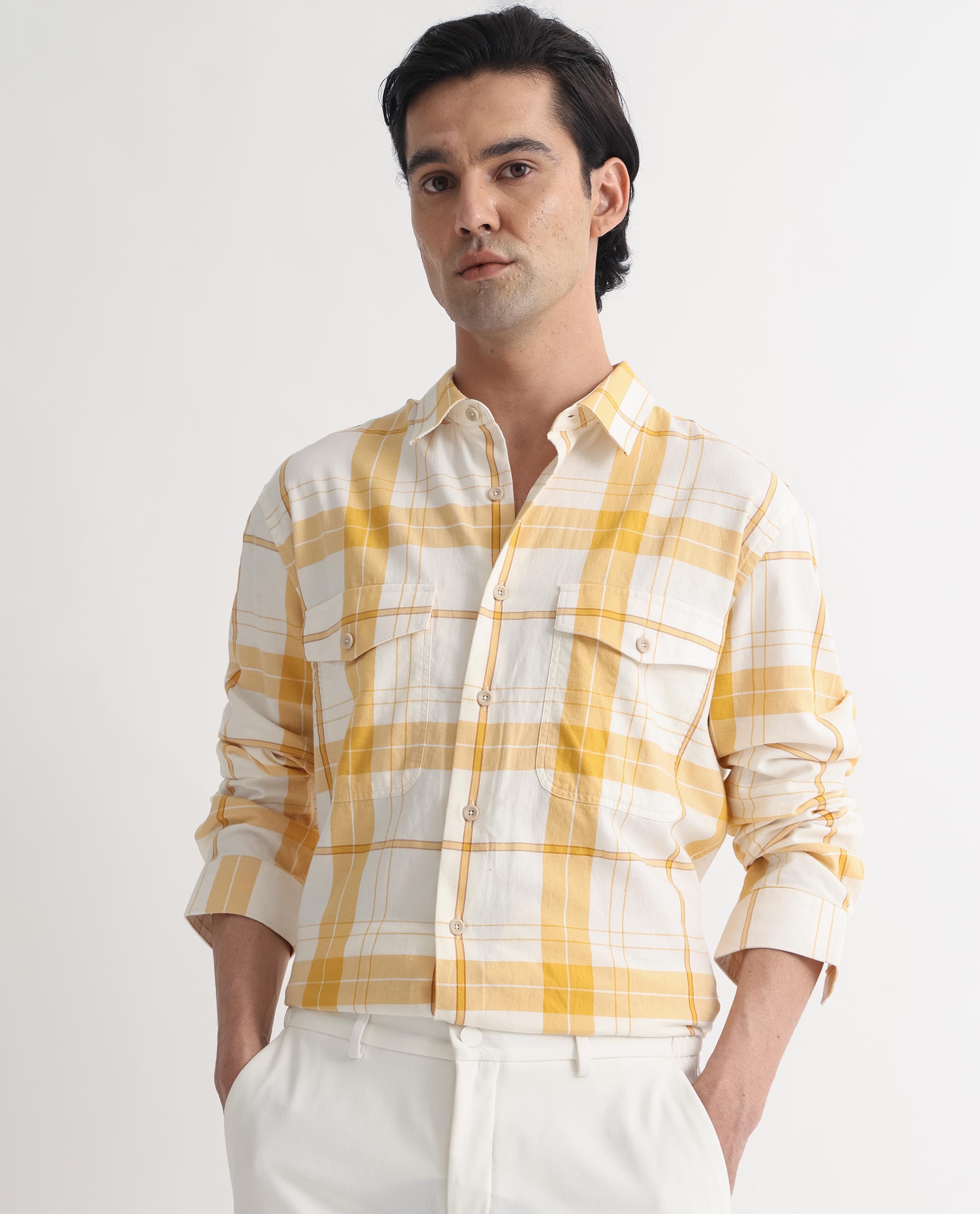 Rare Rabbit Men's Bern Yellow Cotton Fabric Full Sleeves Checks Shirt