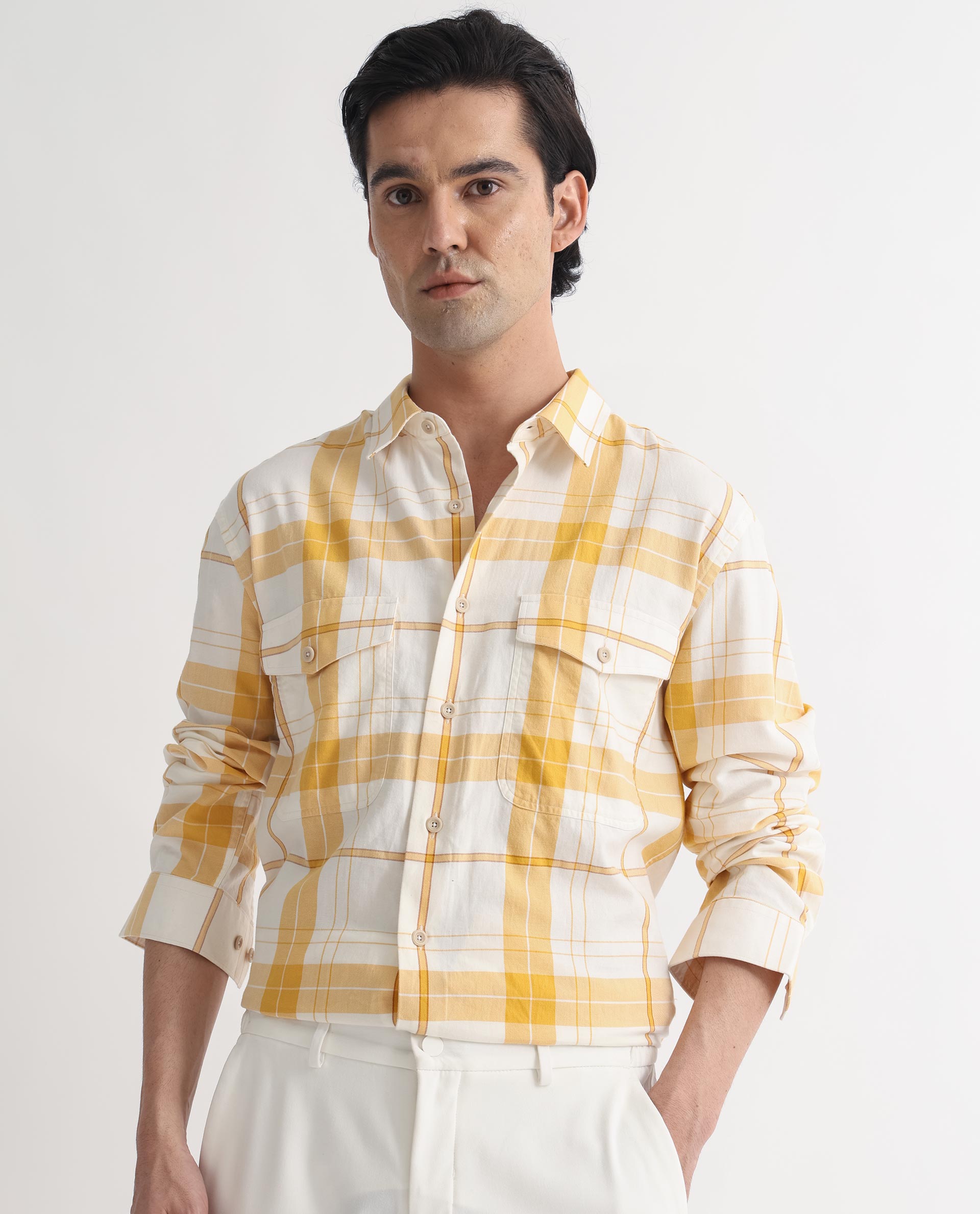 Rare Rabbit Men's Bern Yellow Cotton Fabric Full Sleeves Checks Shirt