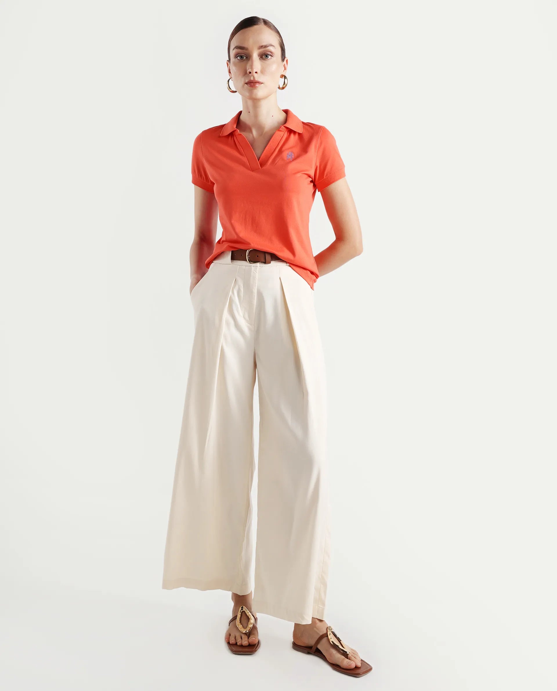 Rareism Women's Bern Orange Cotton Blend Polo Neck Plain Regular Fit Polo