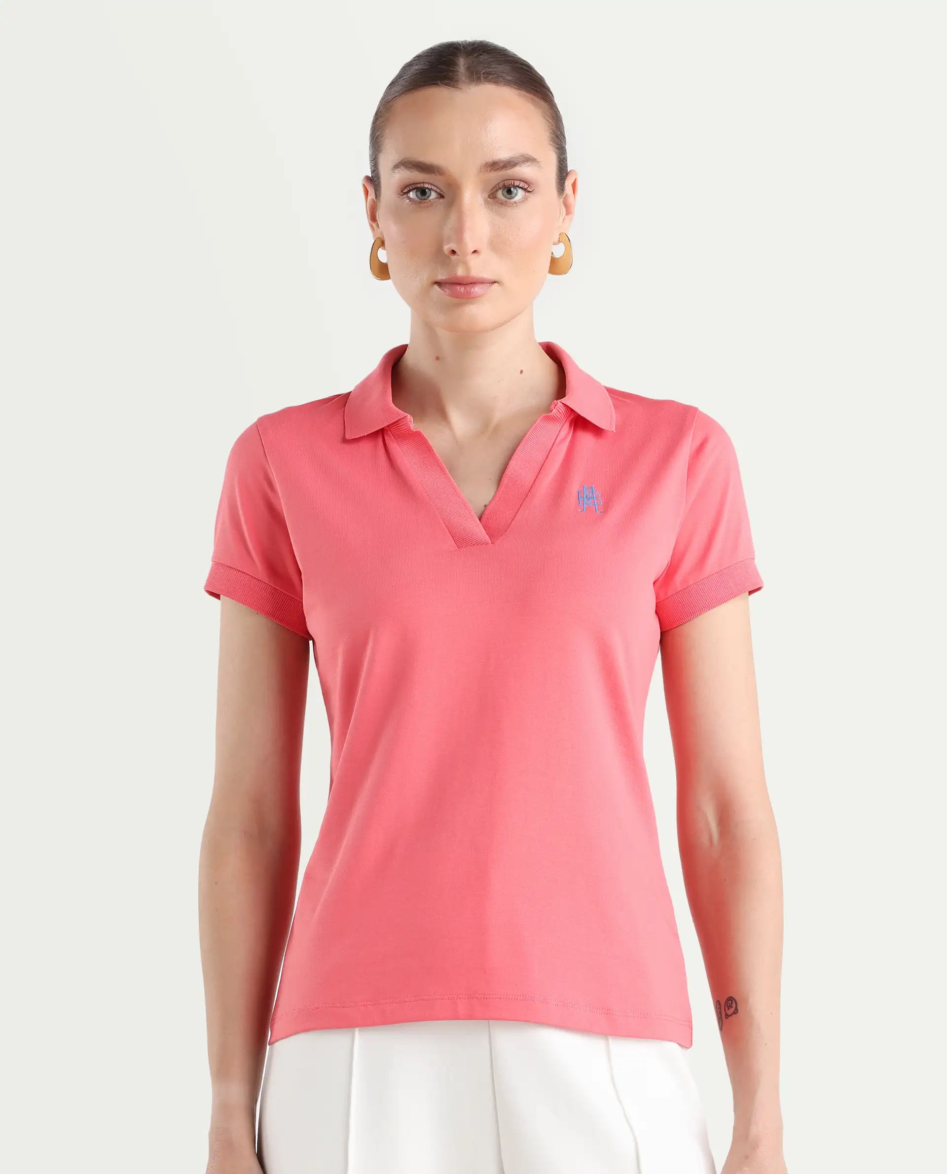 Rareism Women's Bern Pastel Orange Cotton Blend Polo Neck Plain Regular Fit Polo