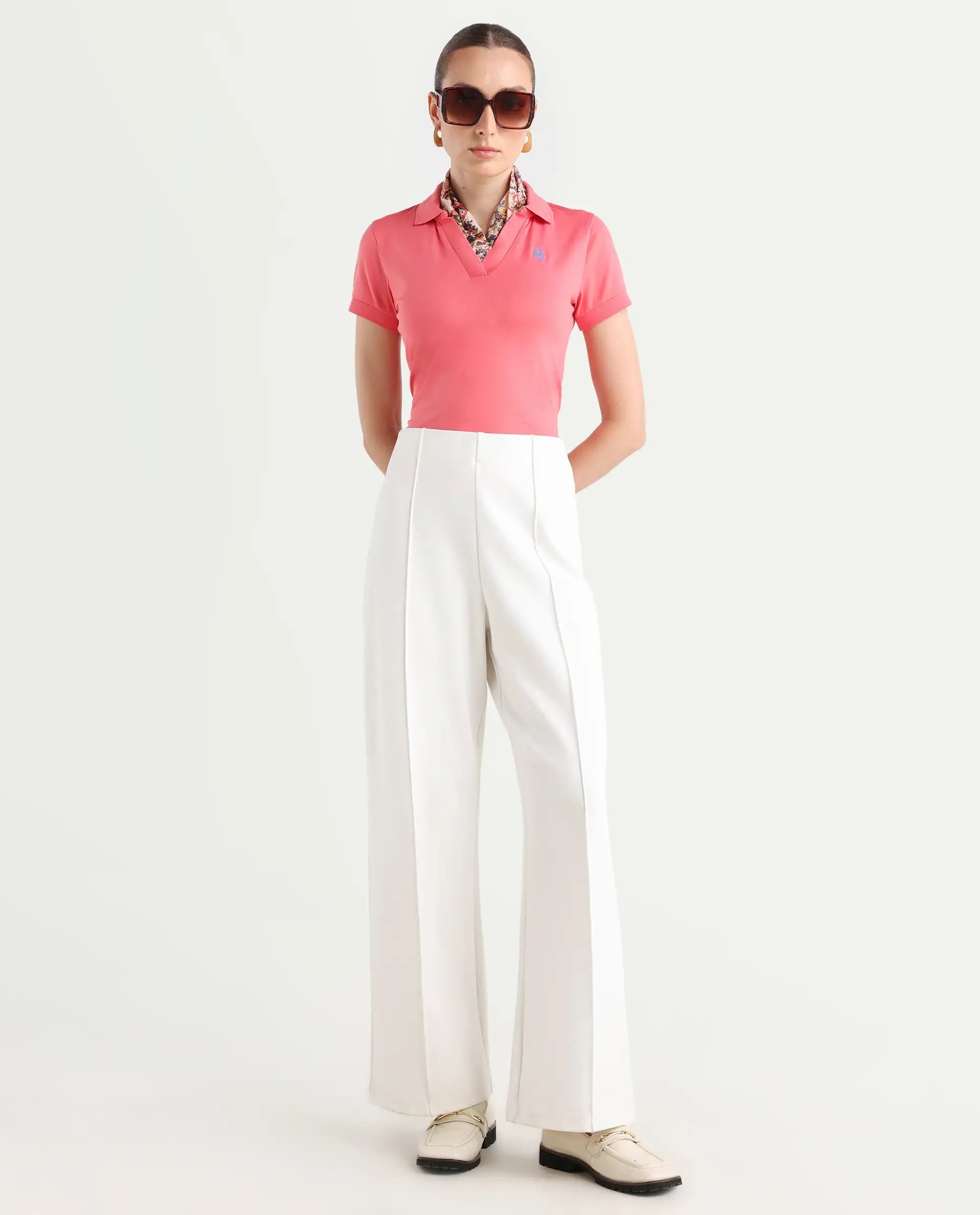 Rareism Women's Bern Pastel Orange Cotton Blend Polo Neck Plain Regular Fit Polo